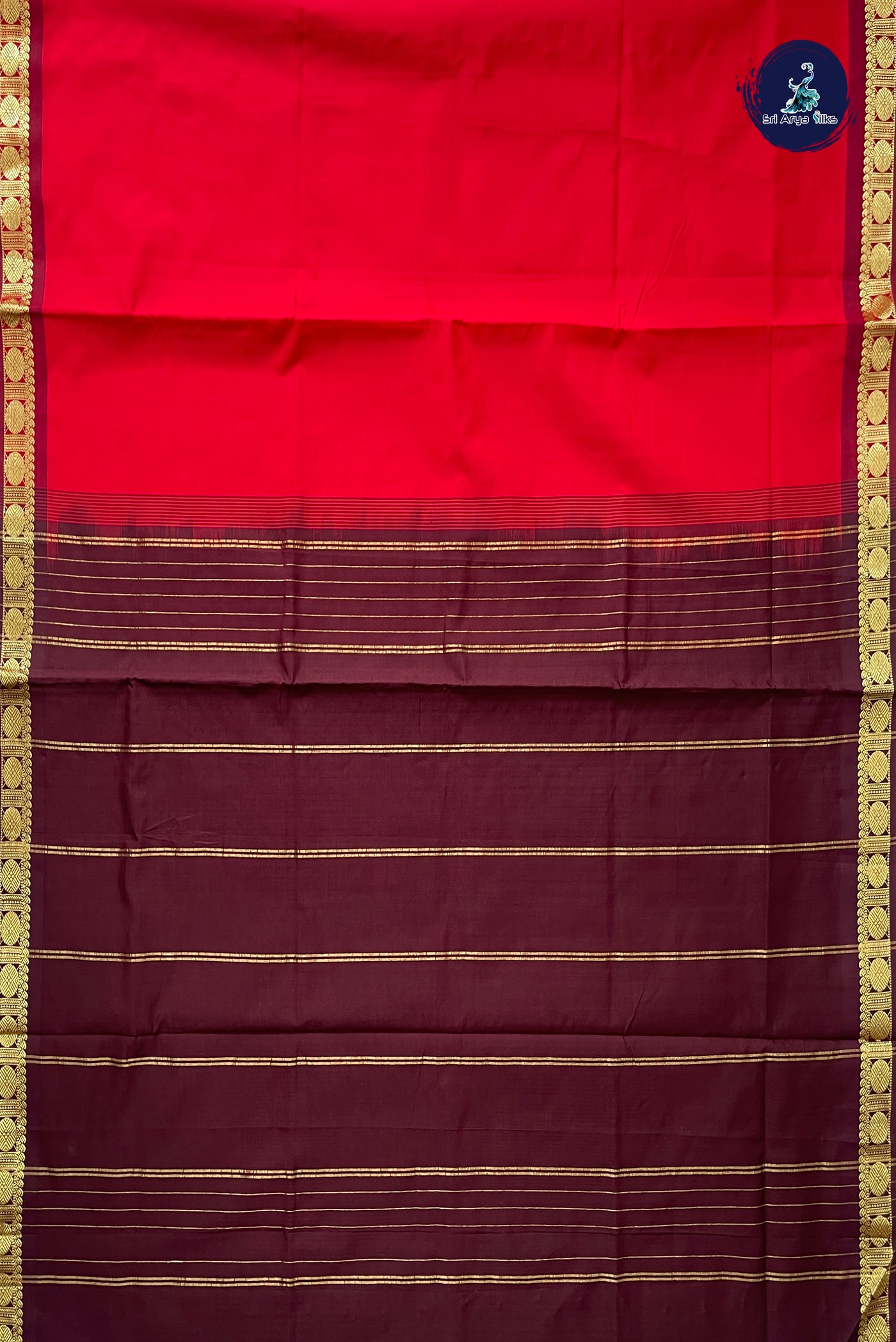 Red Half Pure Silk Cotton Saree With Plain Pattern