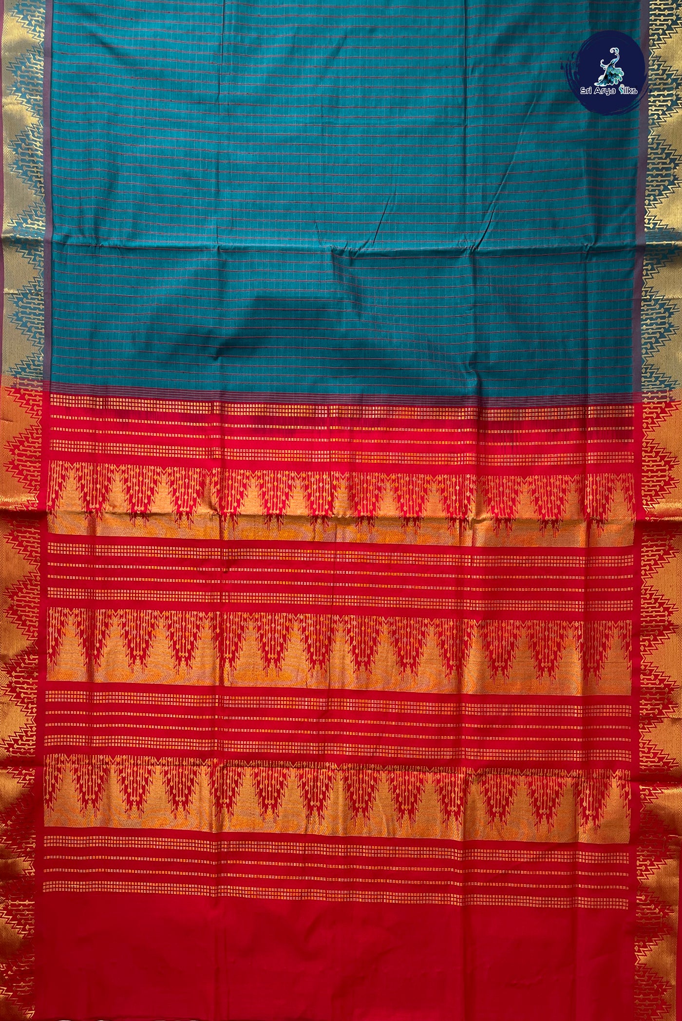 Sapphire Green Checked Saree With Checked Pattern