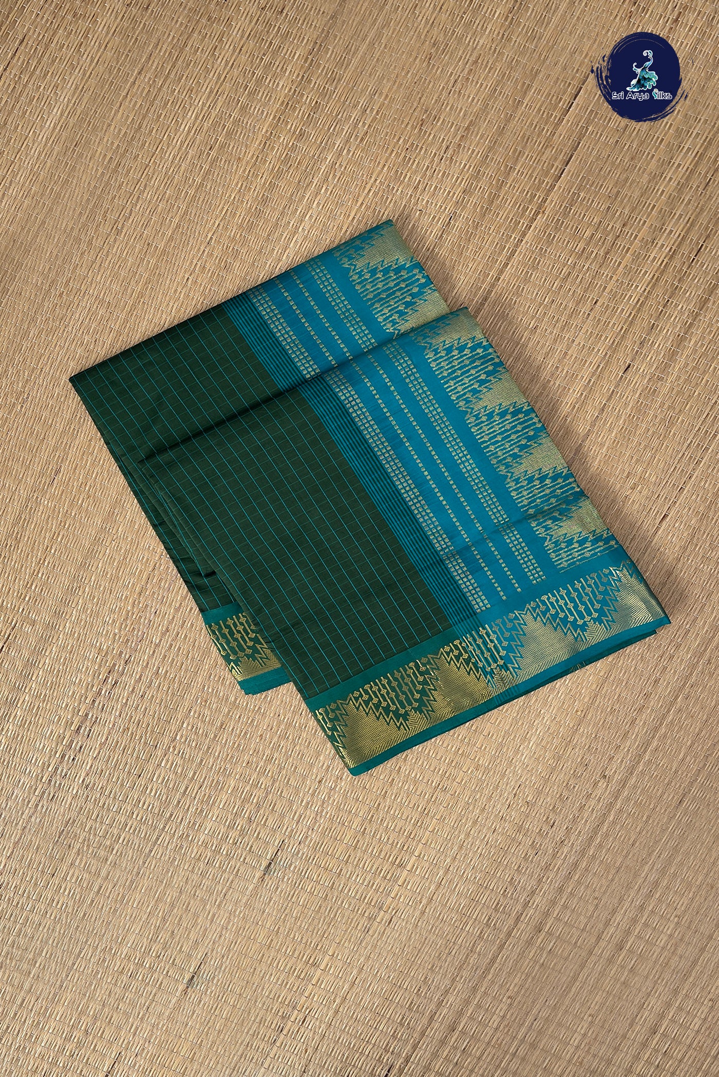 Dark Green Checked Saree With Checked Pattern