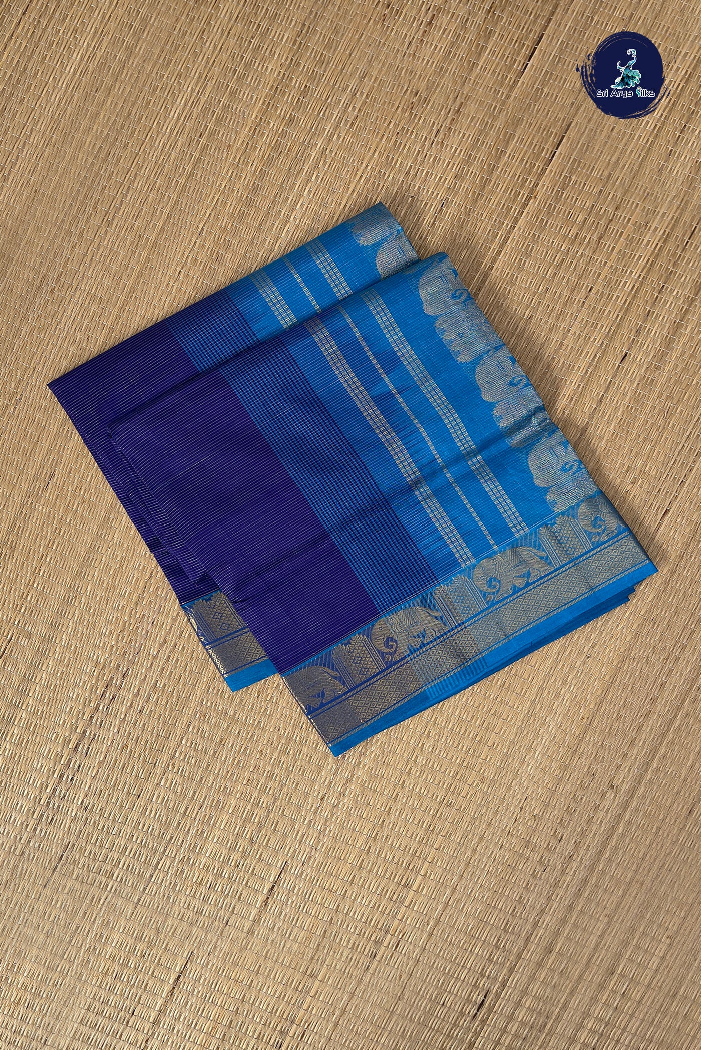 Dark Blue Vaira Oosi Silk Cotton Saree With Vaira Oosi Pattern