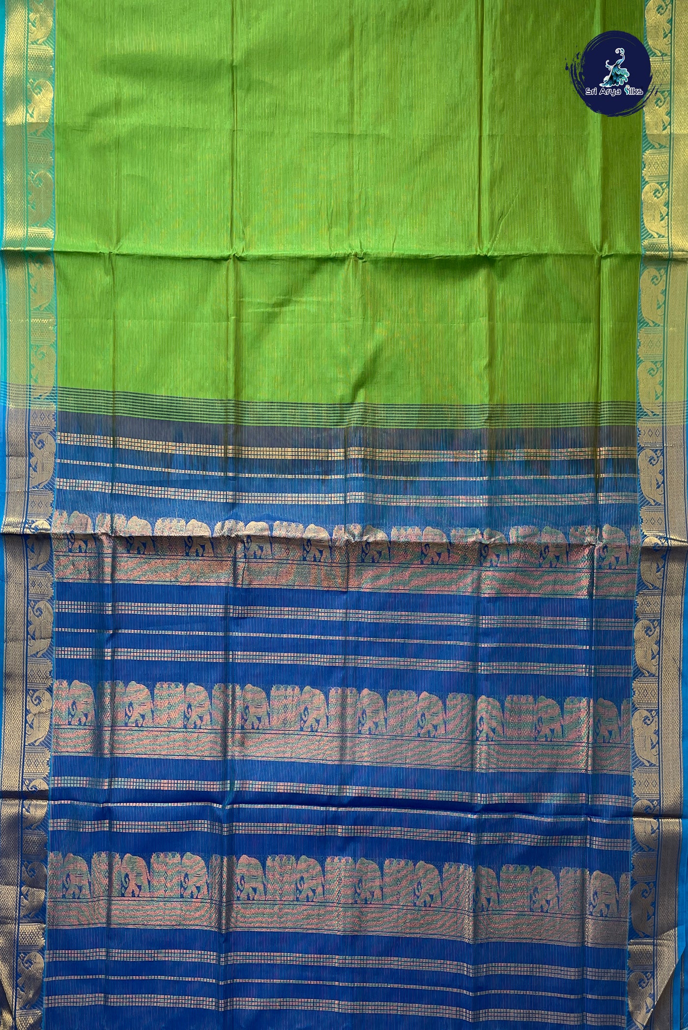 Parrot Green Vaira Oosi Silk Cotton Saree With Vaira Oosi Pattern