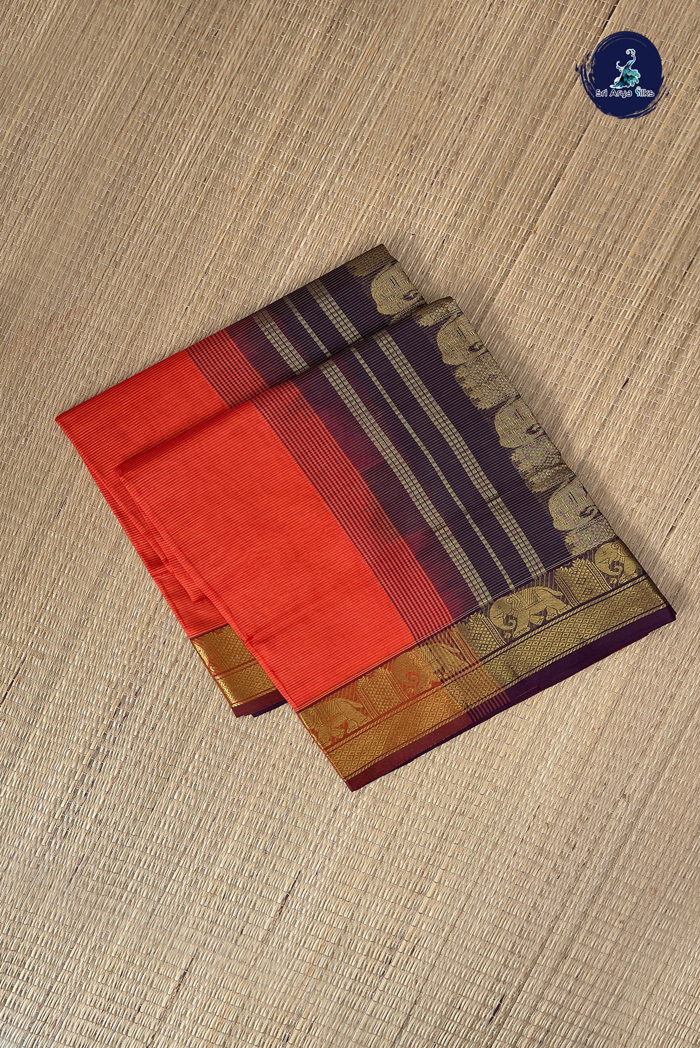 Orange Vaira Oosi Silk Cotton Saree With Vaira Oosi Pattern