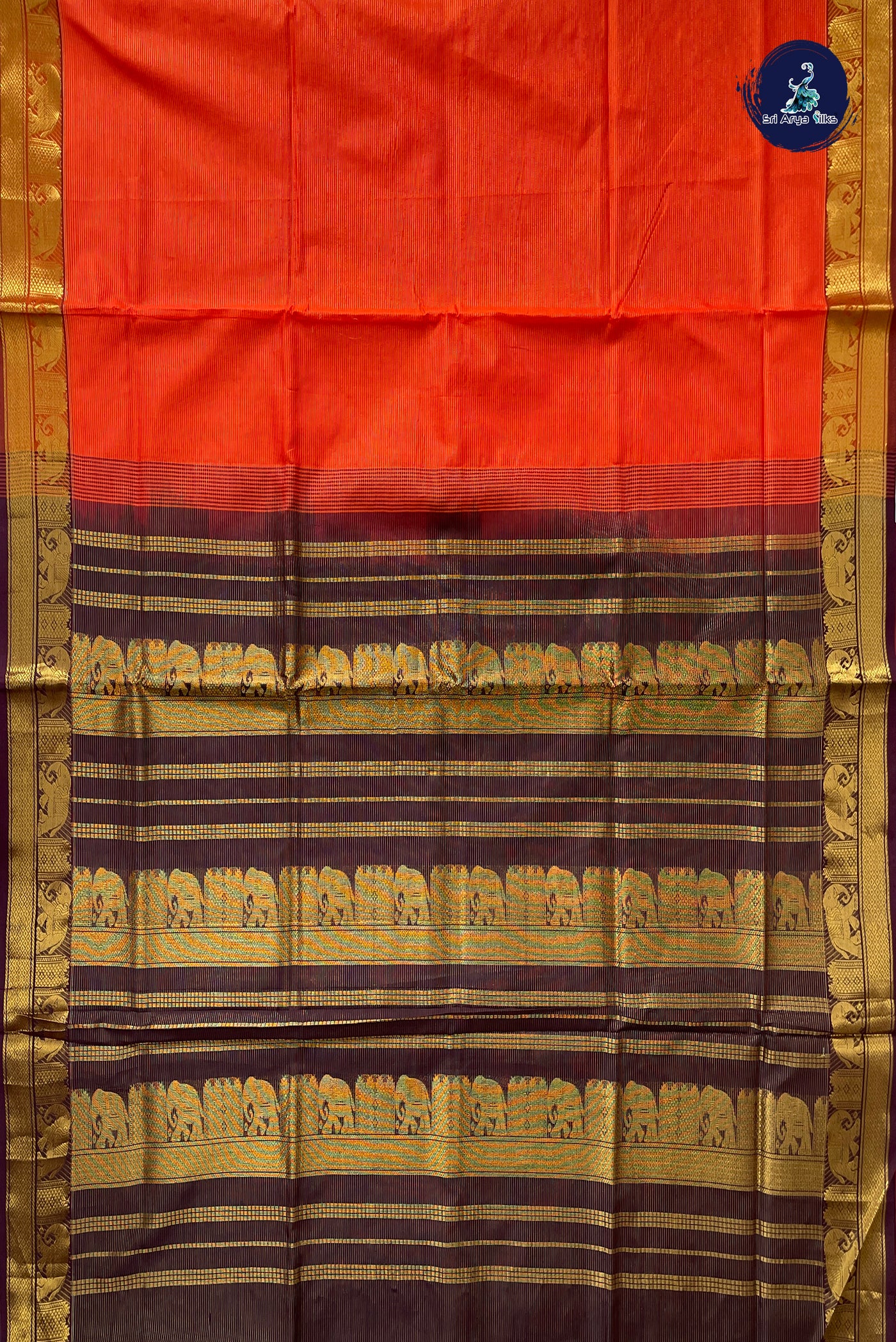 Orange Vaira Oosi Silk Cotton Saree With Vaira Oosi Pattern