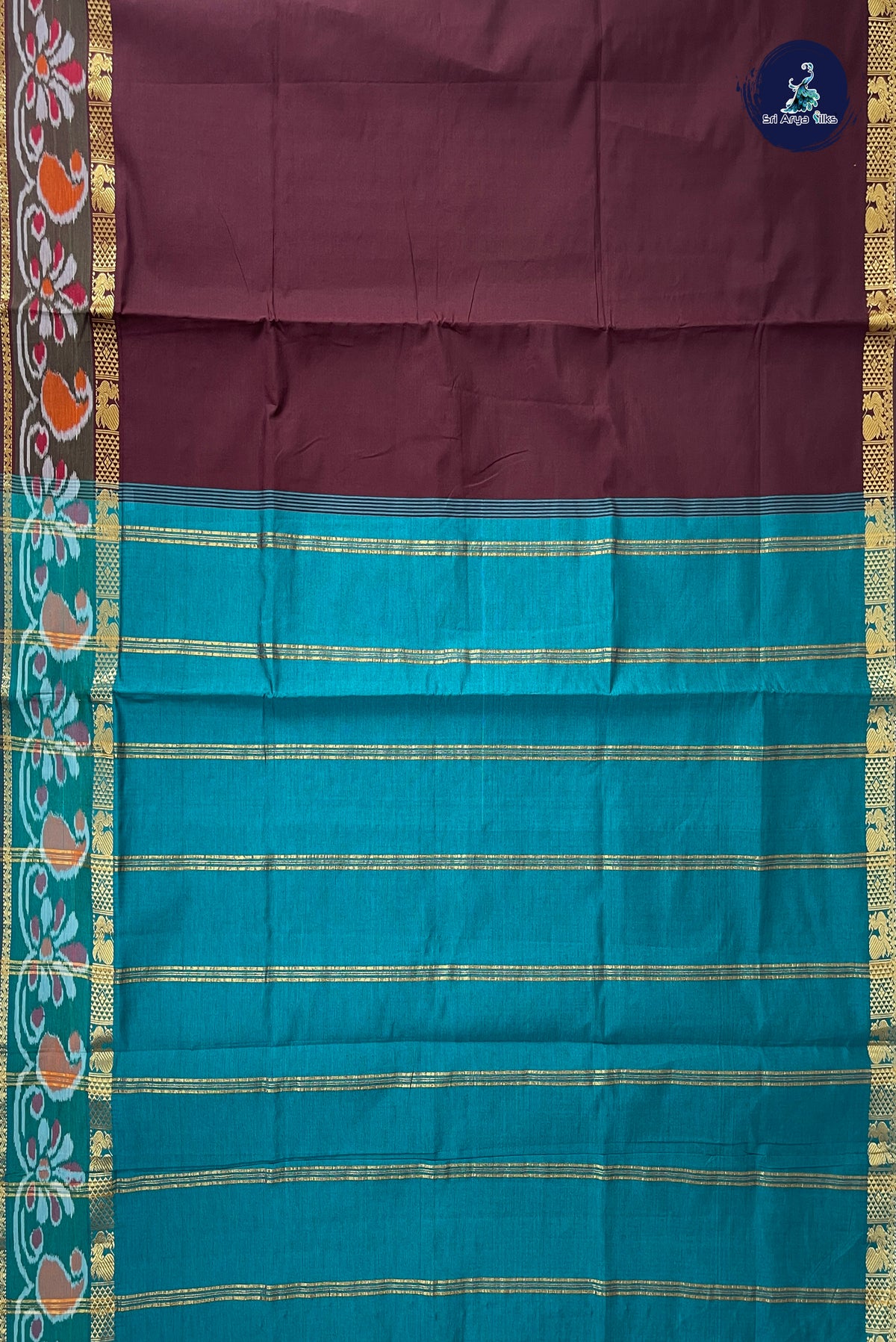 Brown Half Pure Silk Cotton Saree With Plain Pattern