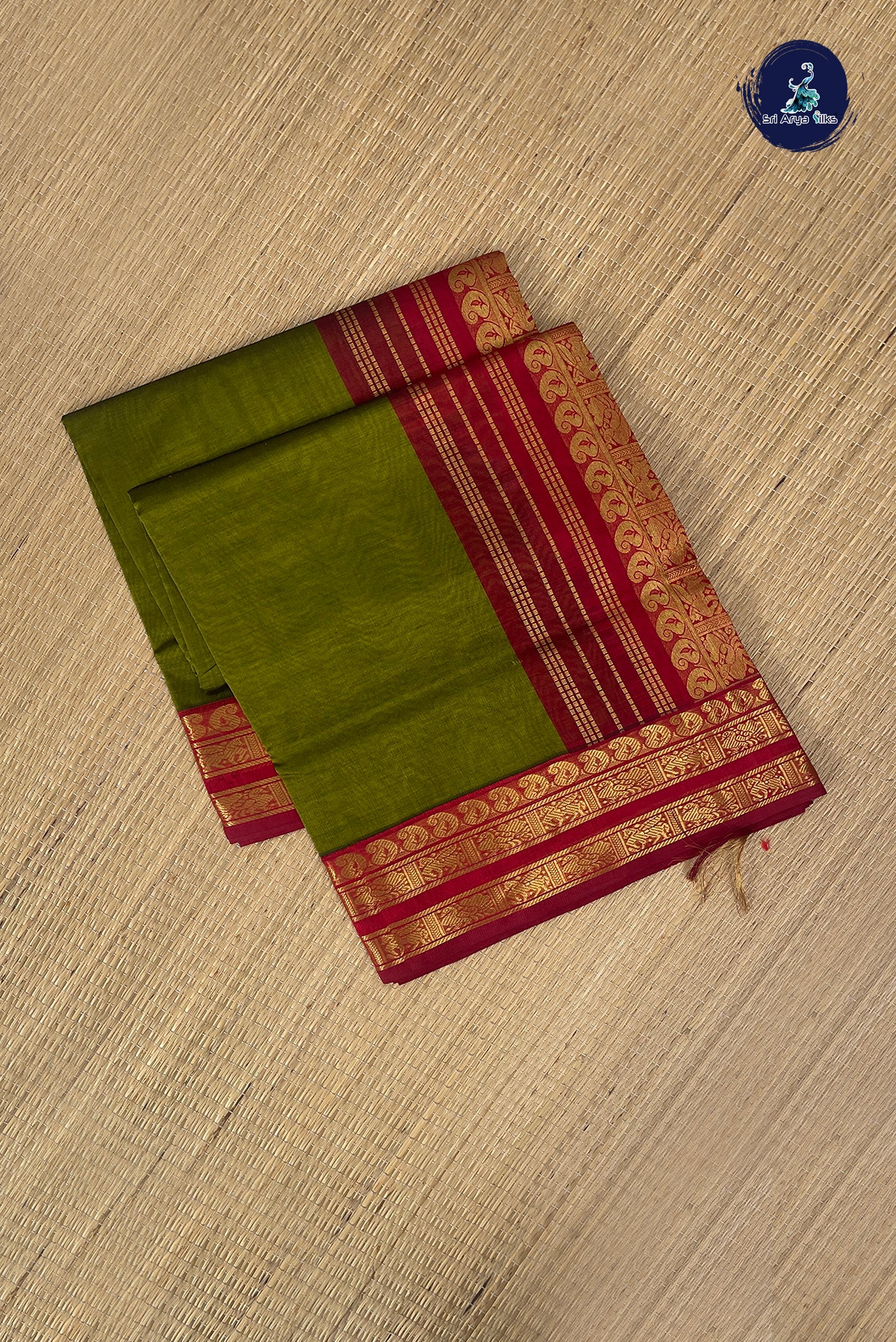 Mehendi Green Half Pure Silk Cotton Saree With Plain Pattern