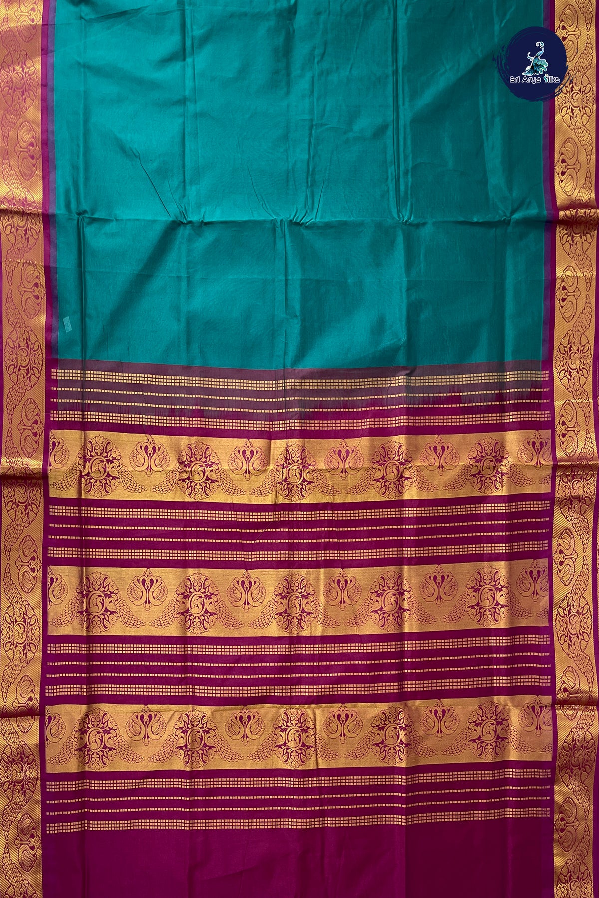 Peacock Green Half Pure Silk Cotton Saree With Plain Pattern