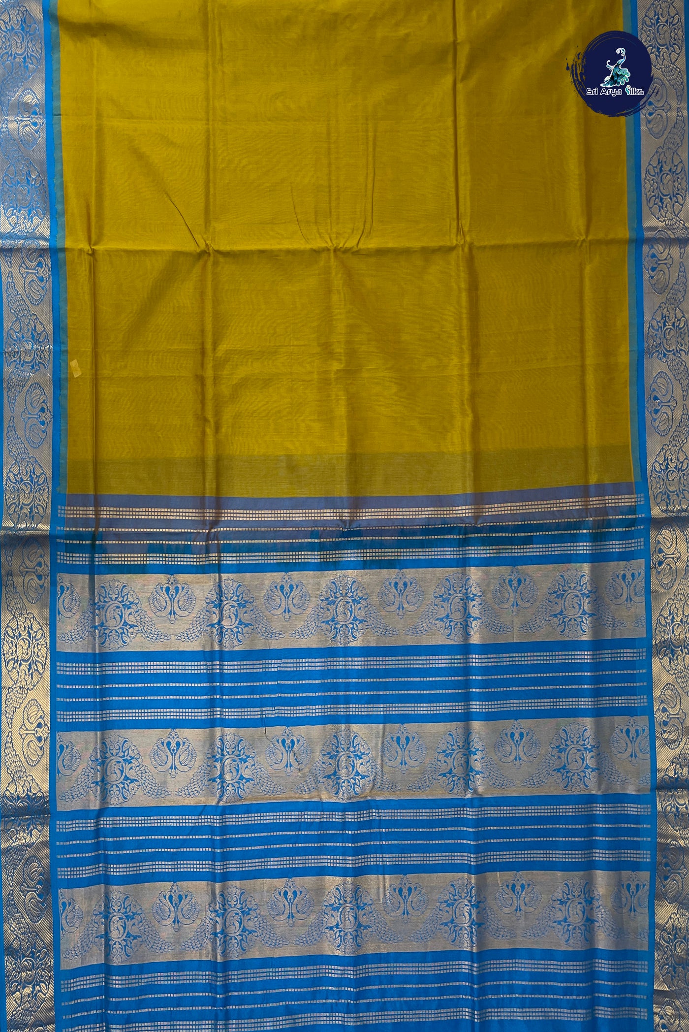 Mustard Yellow Half Pure Silk Cotton Saree With Plain Pattern
