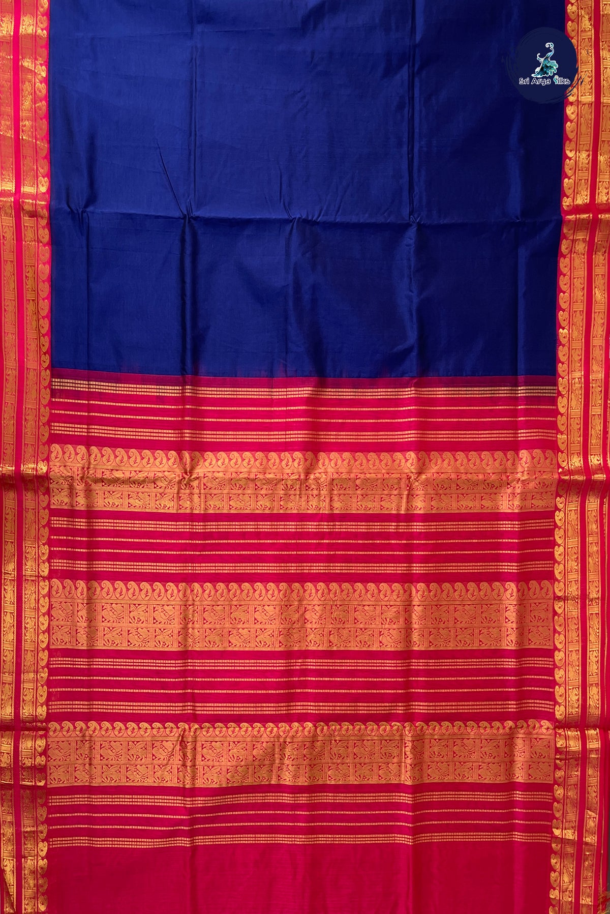Dark Blue Half Pure Silk Cotton Saree With Plain Pattern