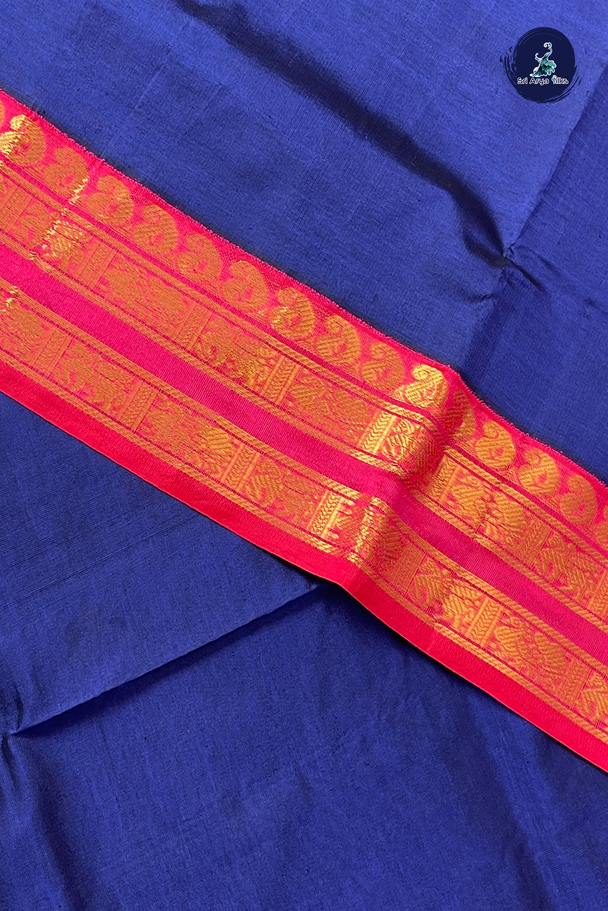 Dark Blue Half Pure Silk Cotton Saree With Plain Pattern
