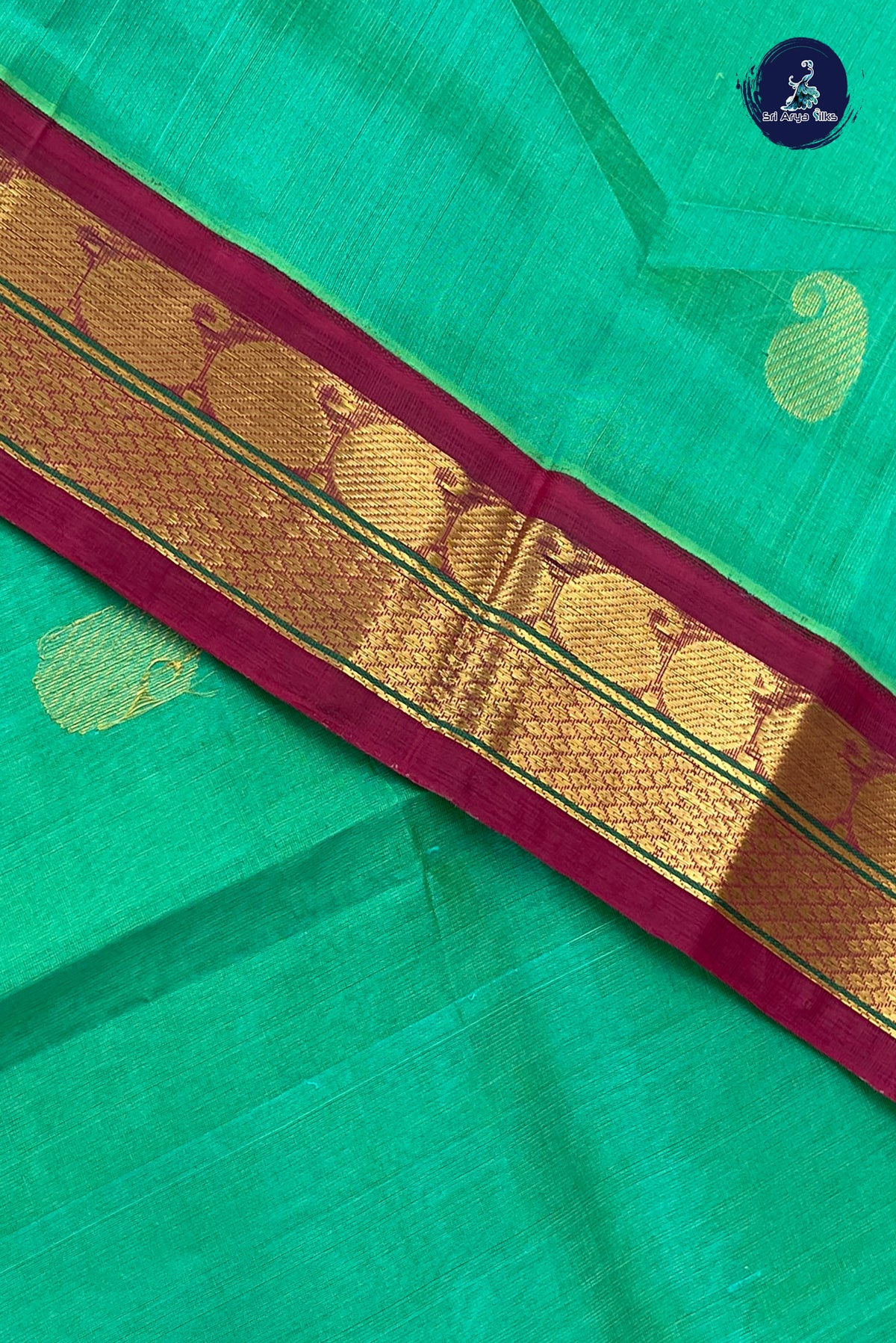 Sea Green Korvai Silk Cotton Saree With Zari Buttas Pattern