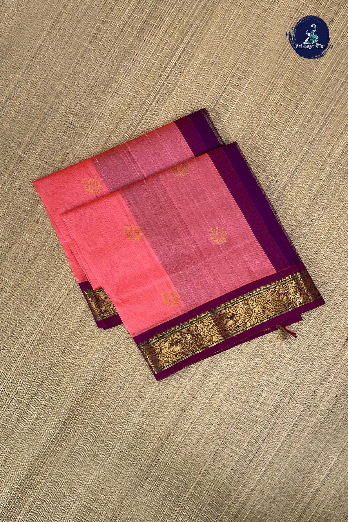 Pinkish Peach Korvai Silk Cotton Saree With Zari Buttas Pattern