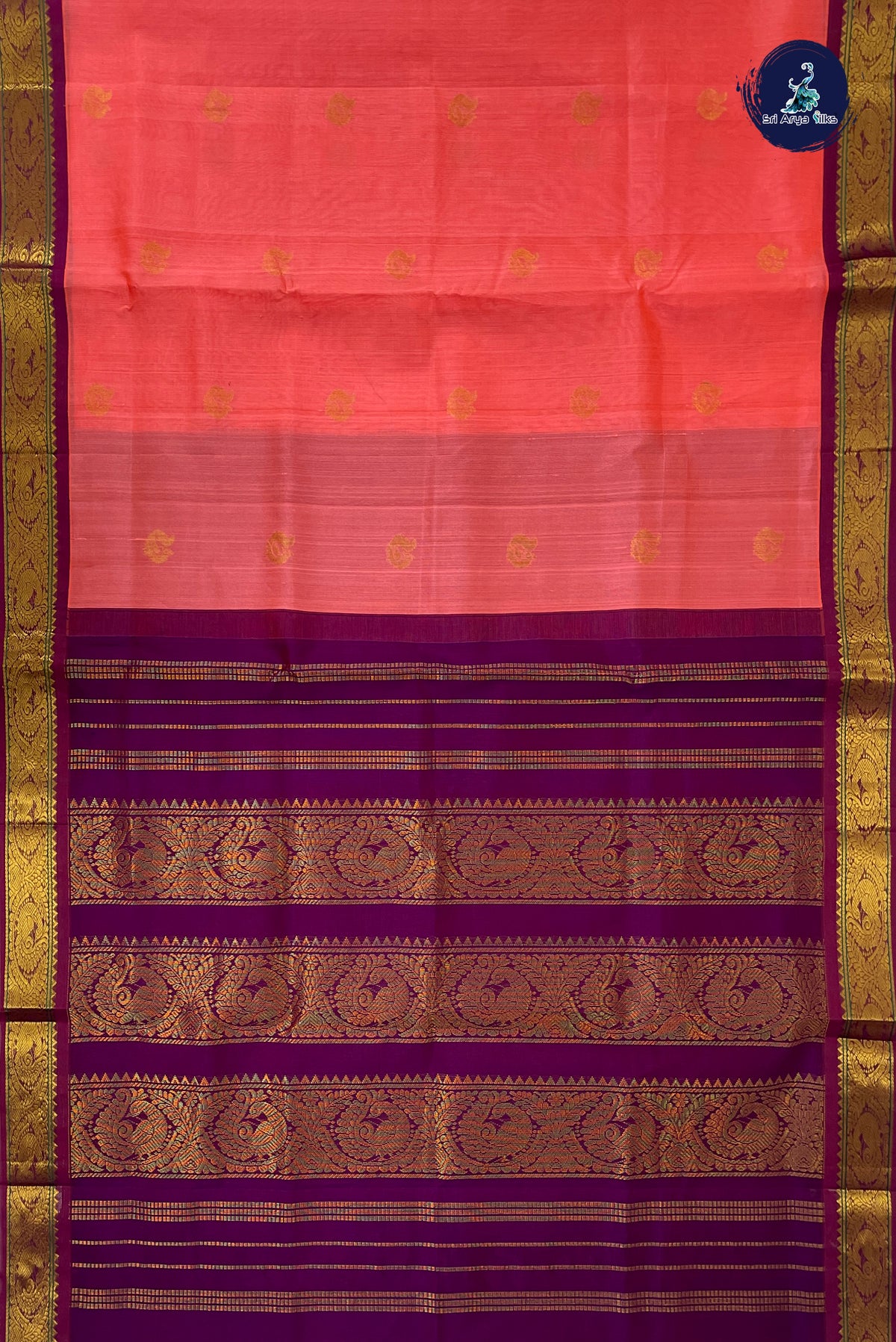 Pinkish Peach Korvai Silk Cotton Saree With Zari Buttas Pattern