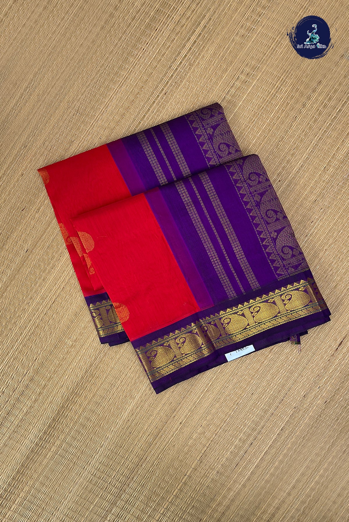 Bright Red Korvai Silk Cotton Saree With Zari Buttas Pattern