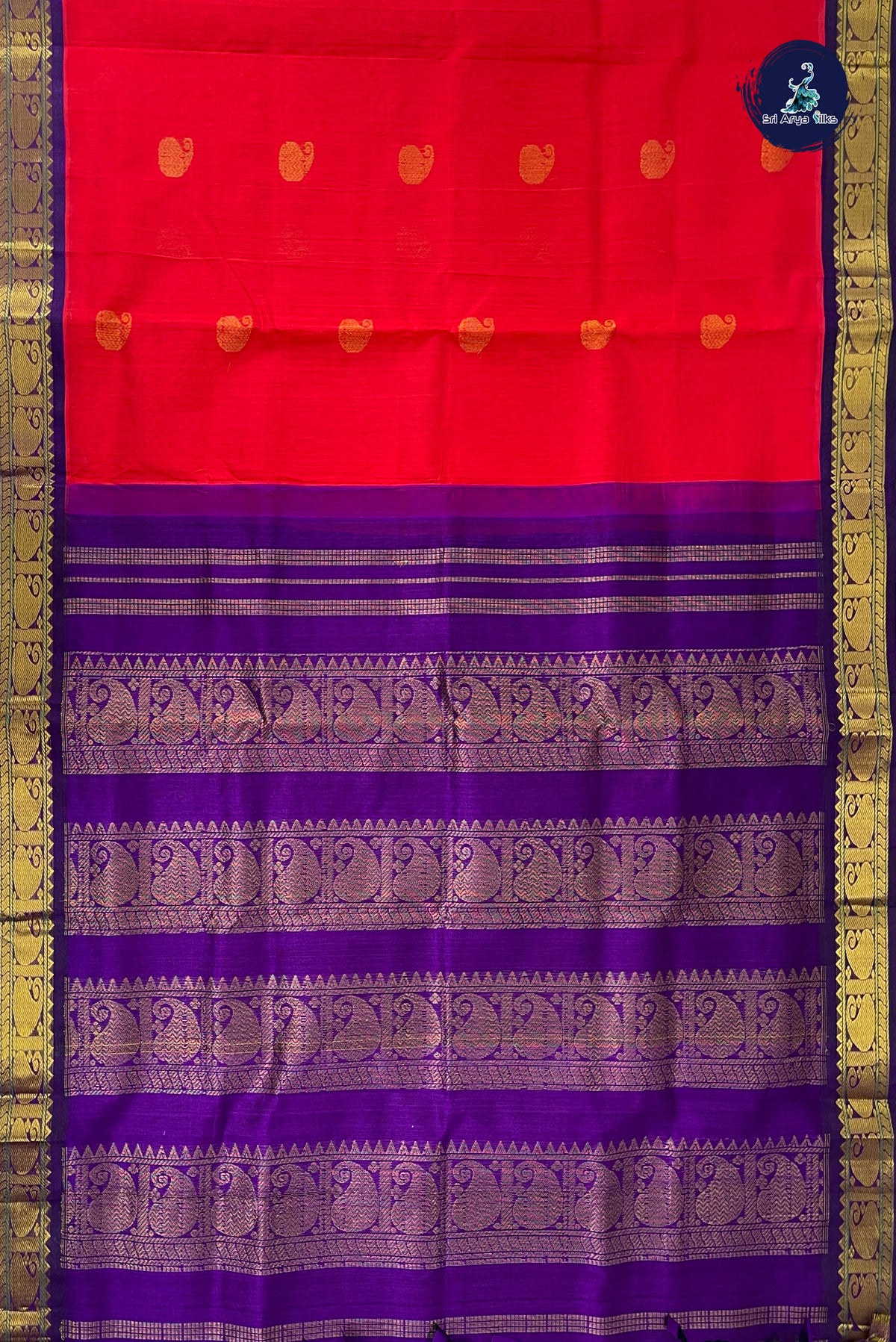 Bright Red Korvai Silk Cotton Saree With Zari Buttas Pattern