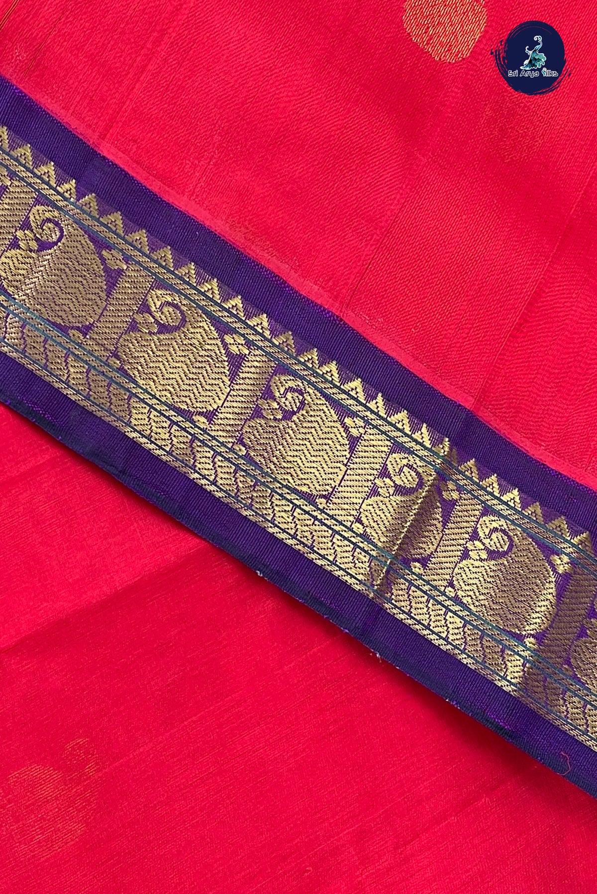 Bright Red Korvai Silk Cotton Saree With Zari Buttas Pattern