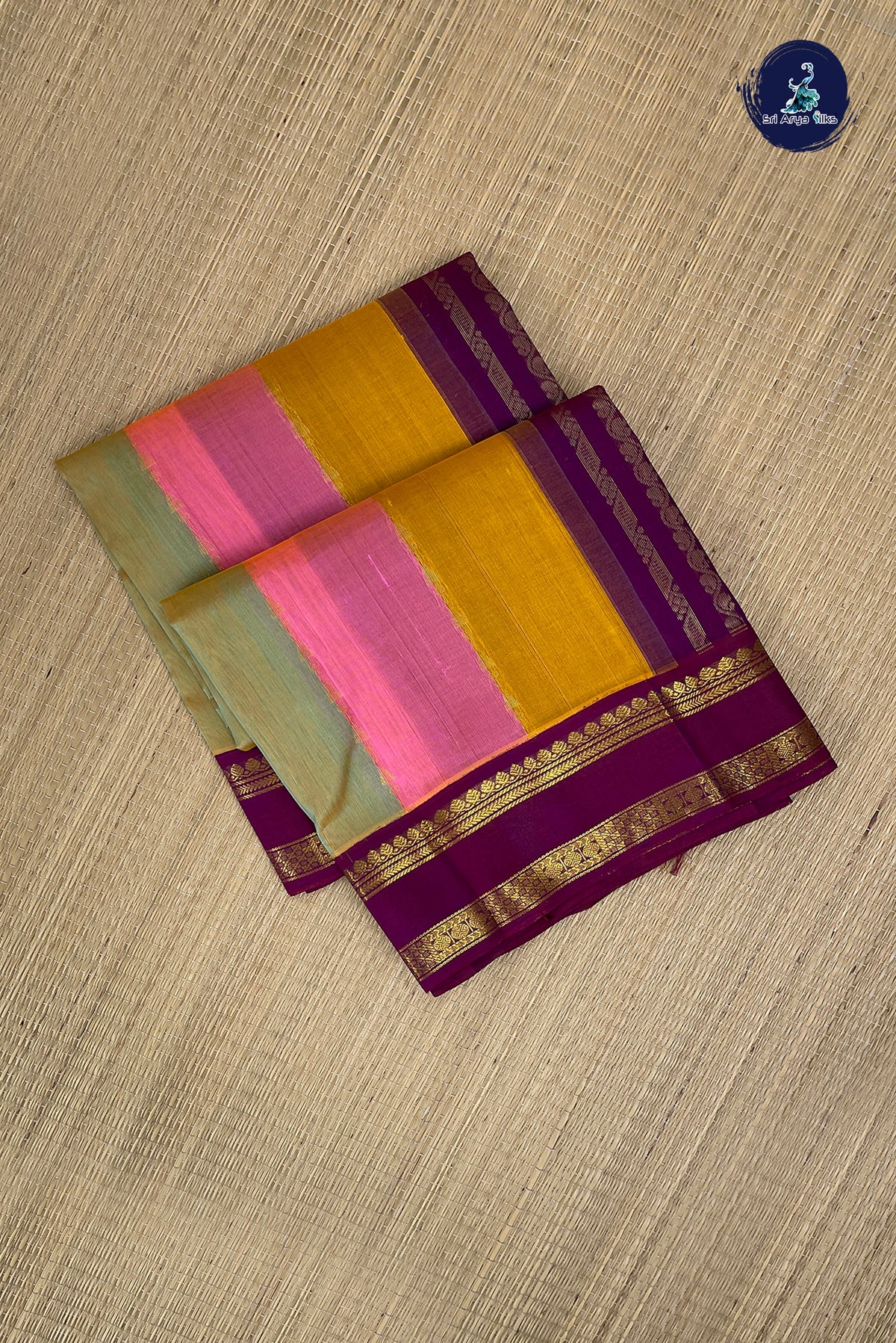 Multi Colour Korvai Silk Cotton Saree With Stripes Pattern