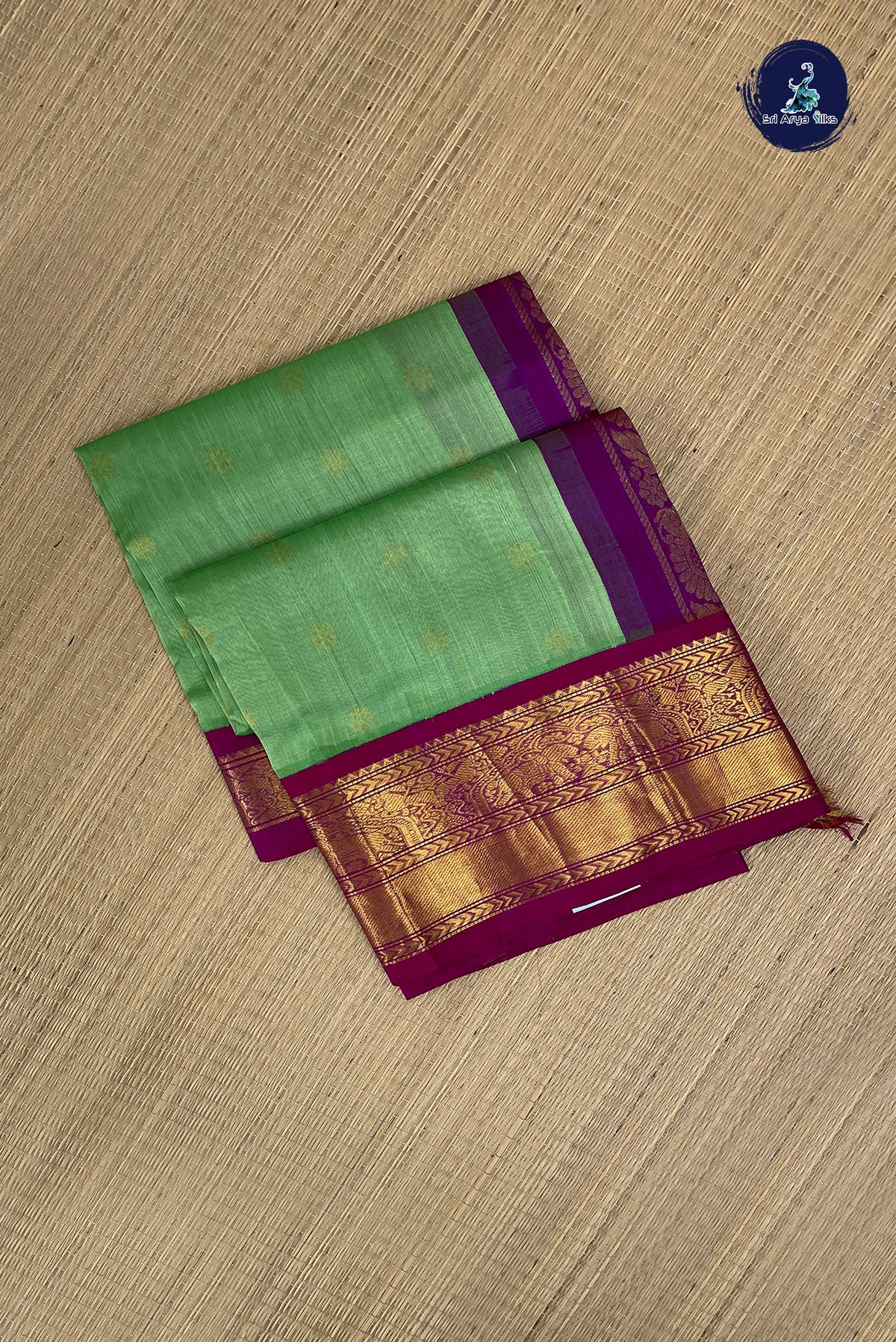 Pista Green Kuppadam Silk Cotton Saree With Zari Buttas Pattern