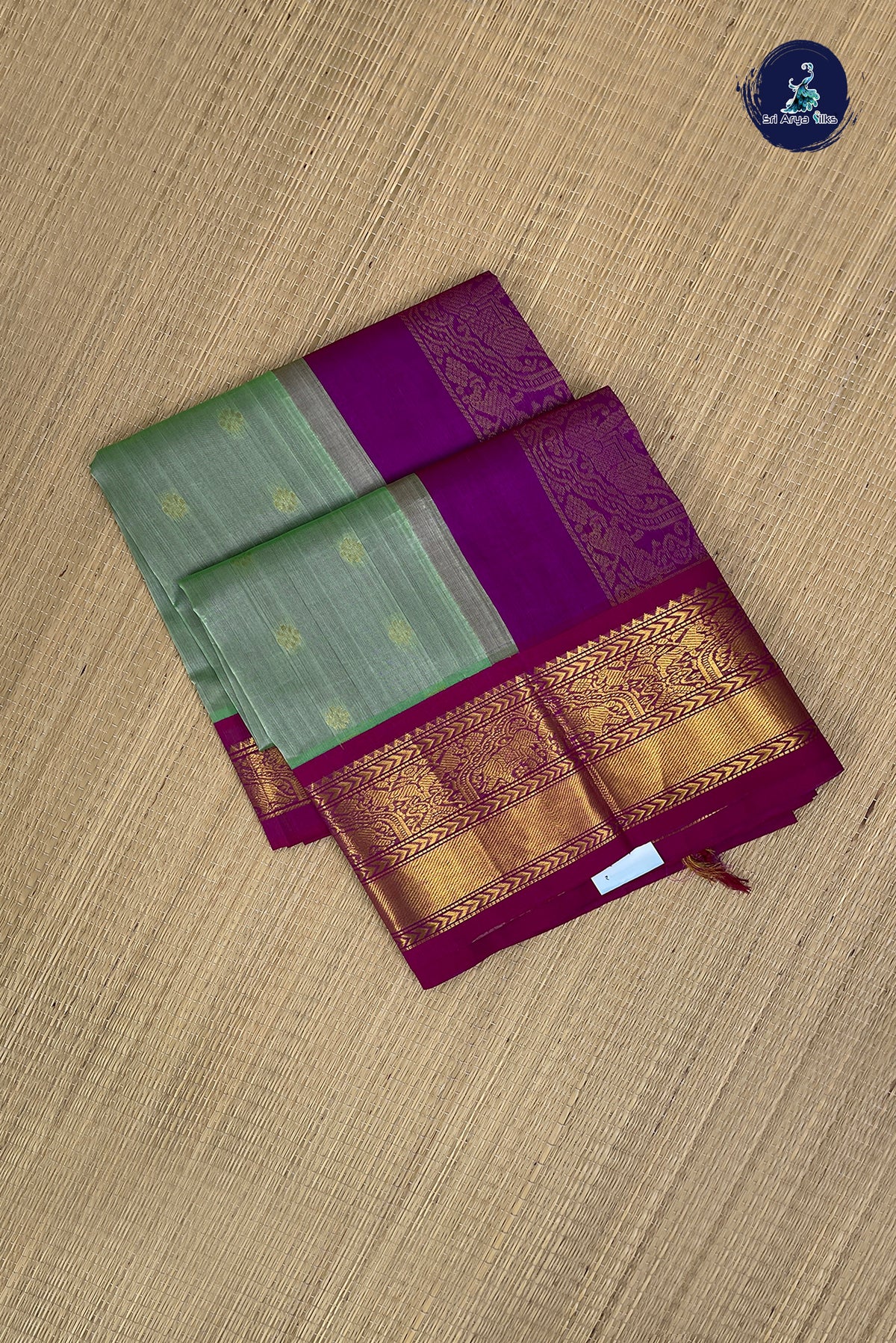 Pista Green Kuppadam Silk Cotton Saree With Zari Buttas Pattern