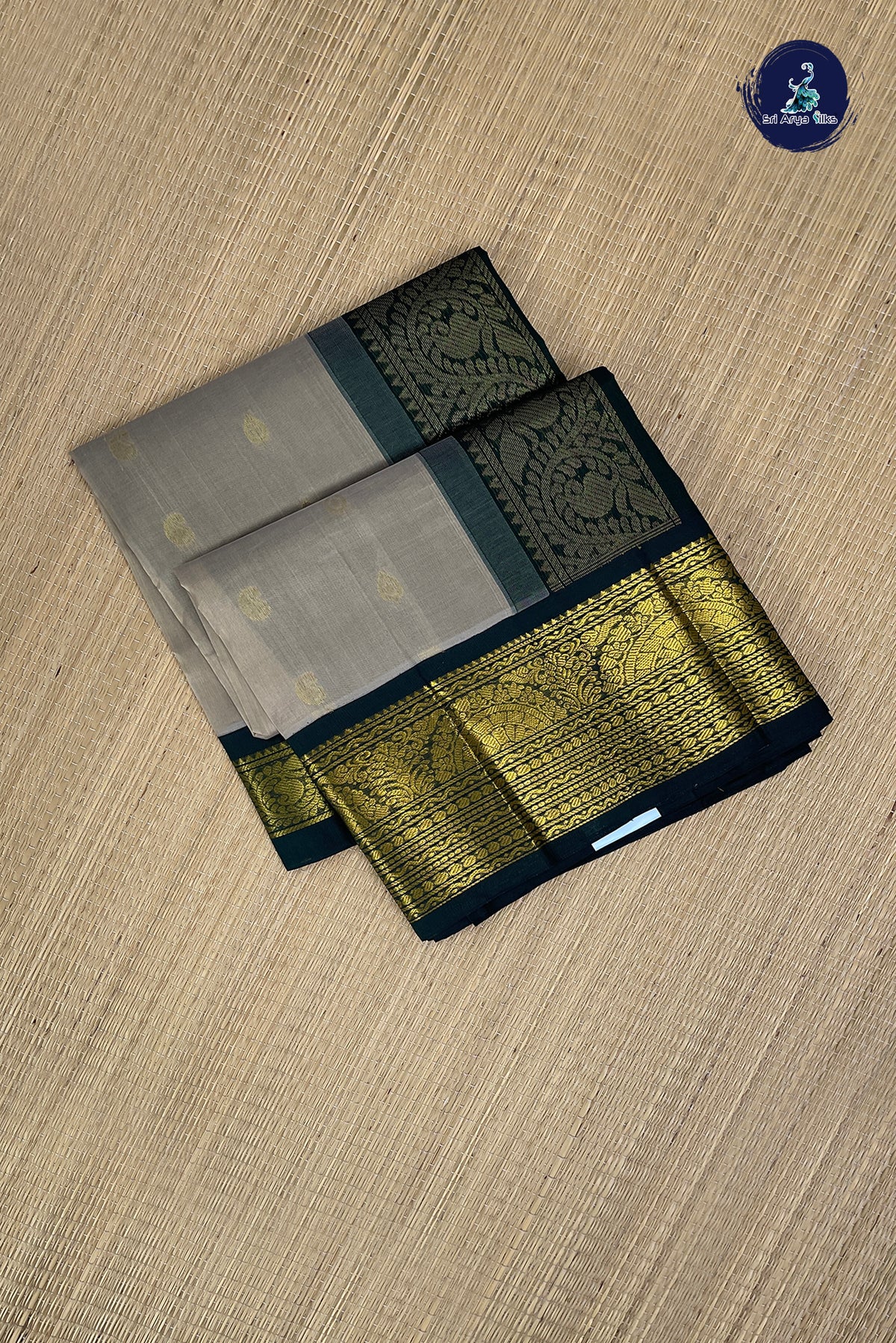 Greyish Green Kuppadam Silk Cotton Saree With Zari Buttas Pattern