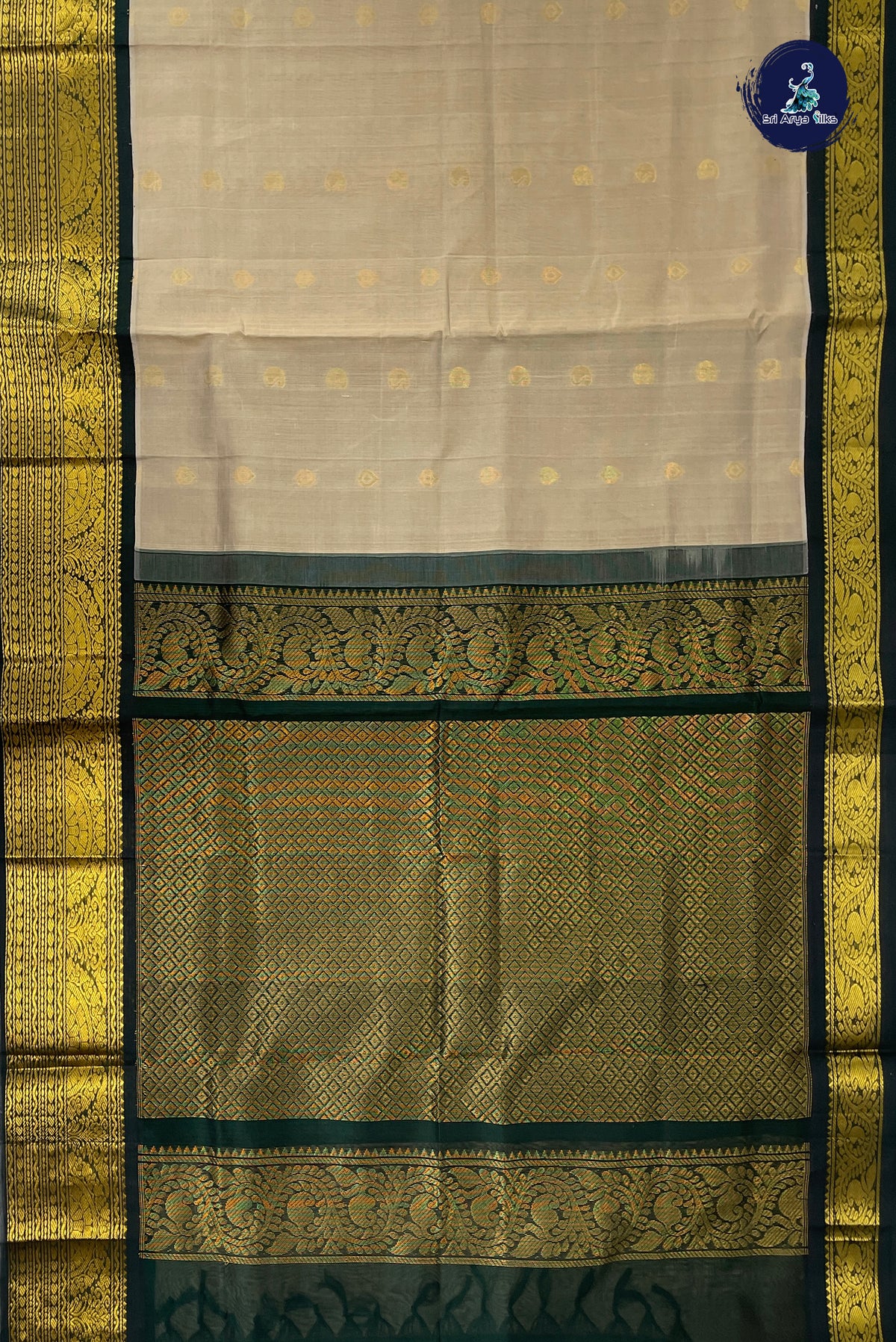 Greyish Green Kuppadam Silk Cotton Saree With Zari Buttas Pattern