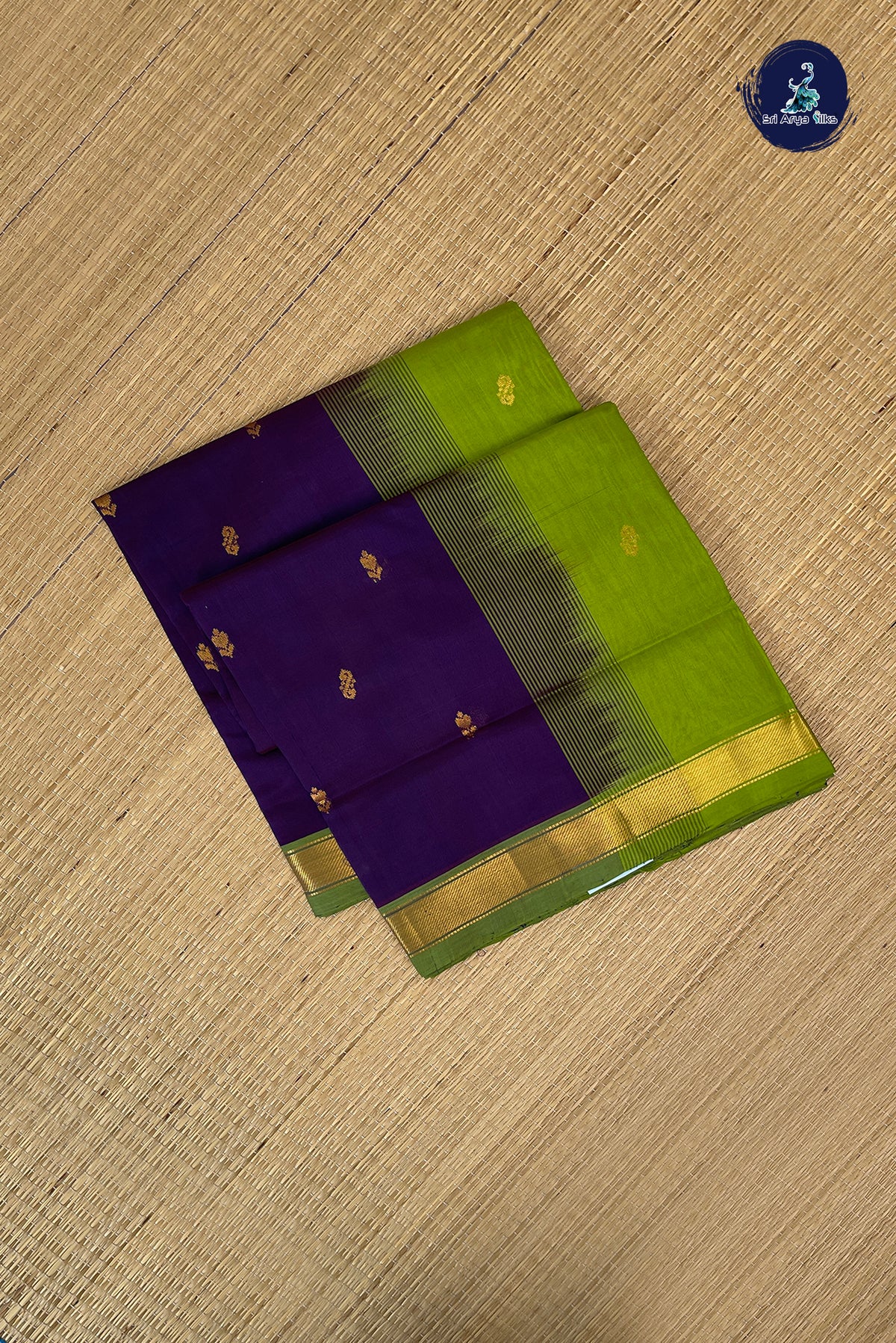 Dark Violet Simple Silk Cotton Saree With Buttas Pattern