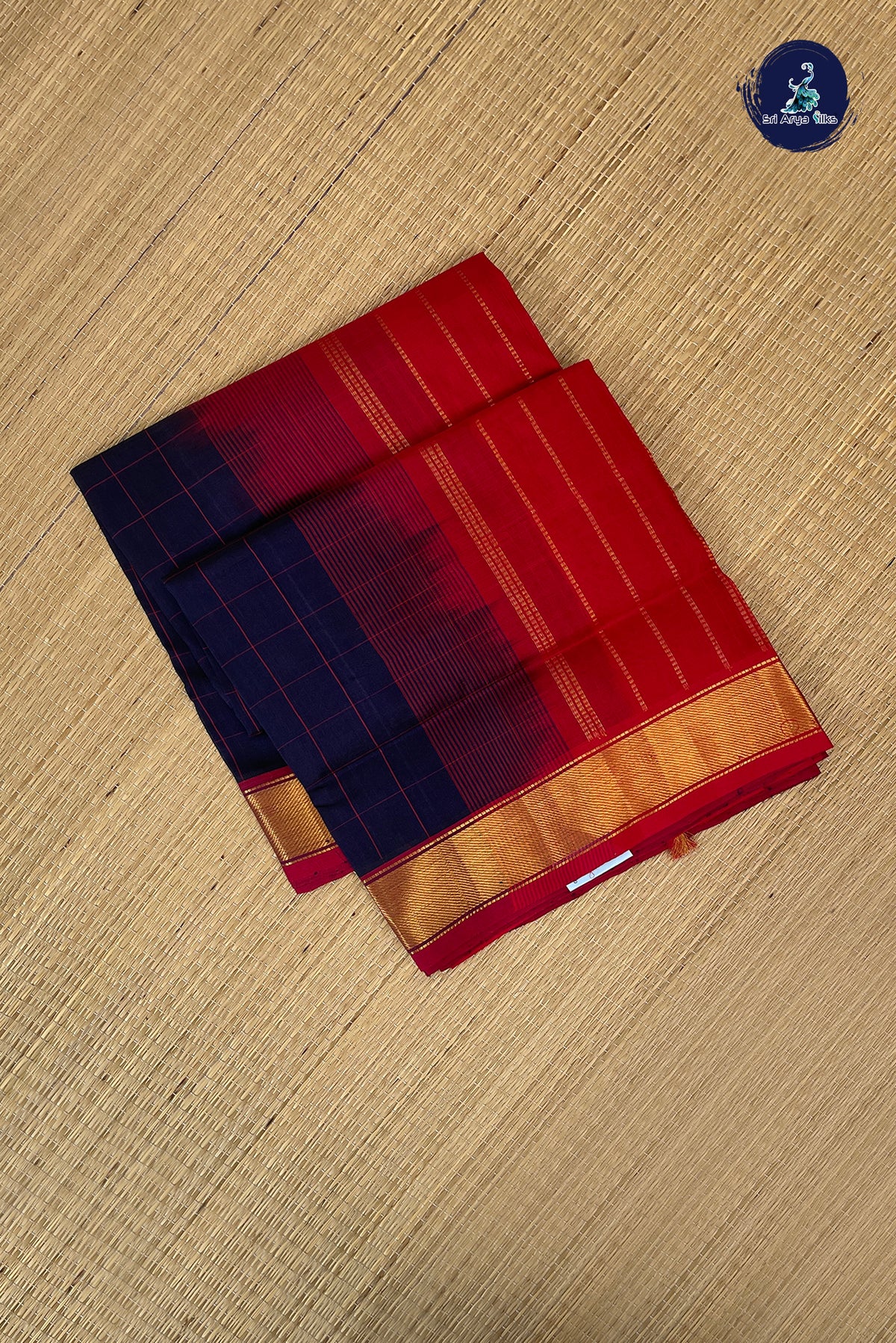 Blackish Blue Simple Silk Cotton Saree With Checked Pattern