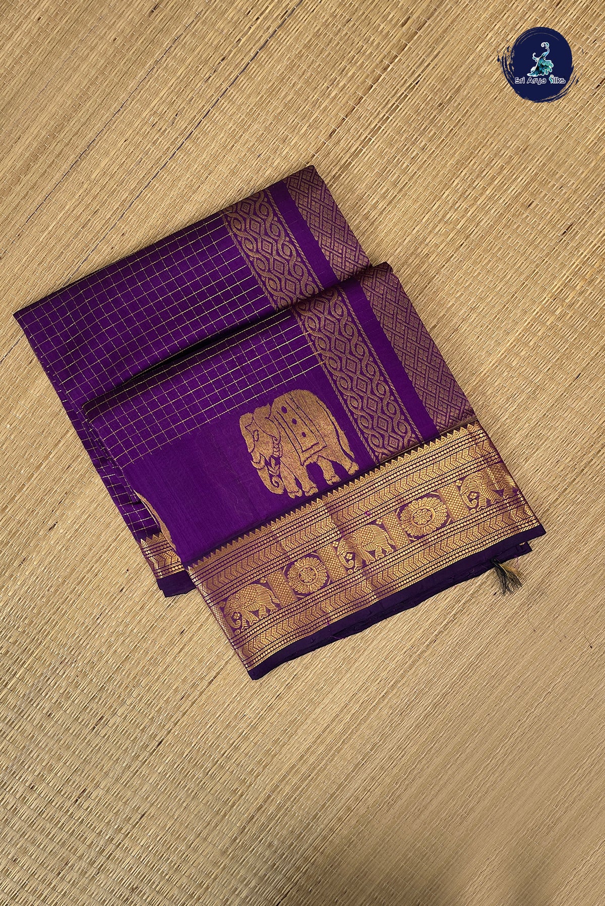 Purple Bridal Silk Cotton Saree With Zari Checked Pattern