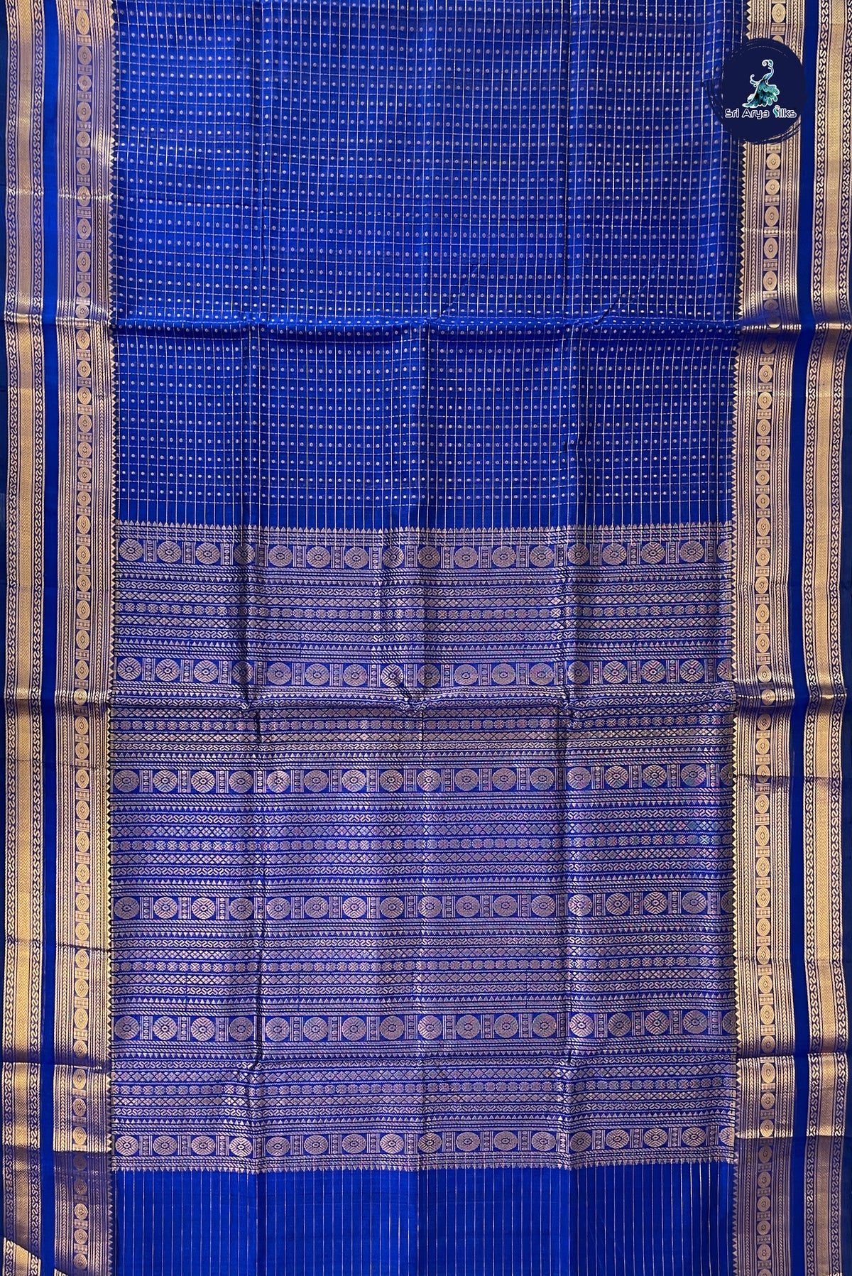 Ink Blue Bridal Silk Cotton Saree With Zari Checked Pattern