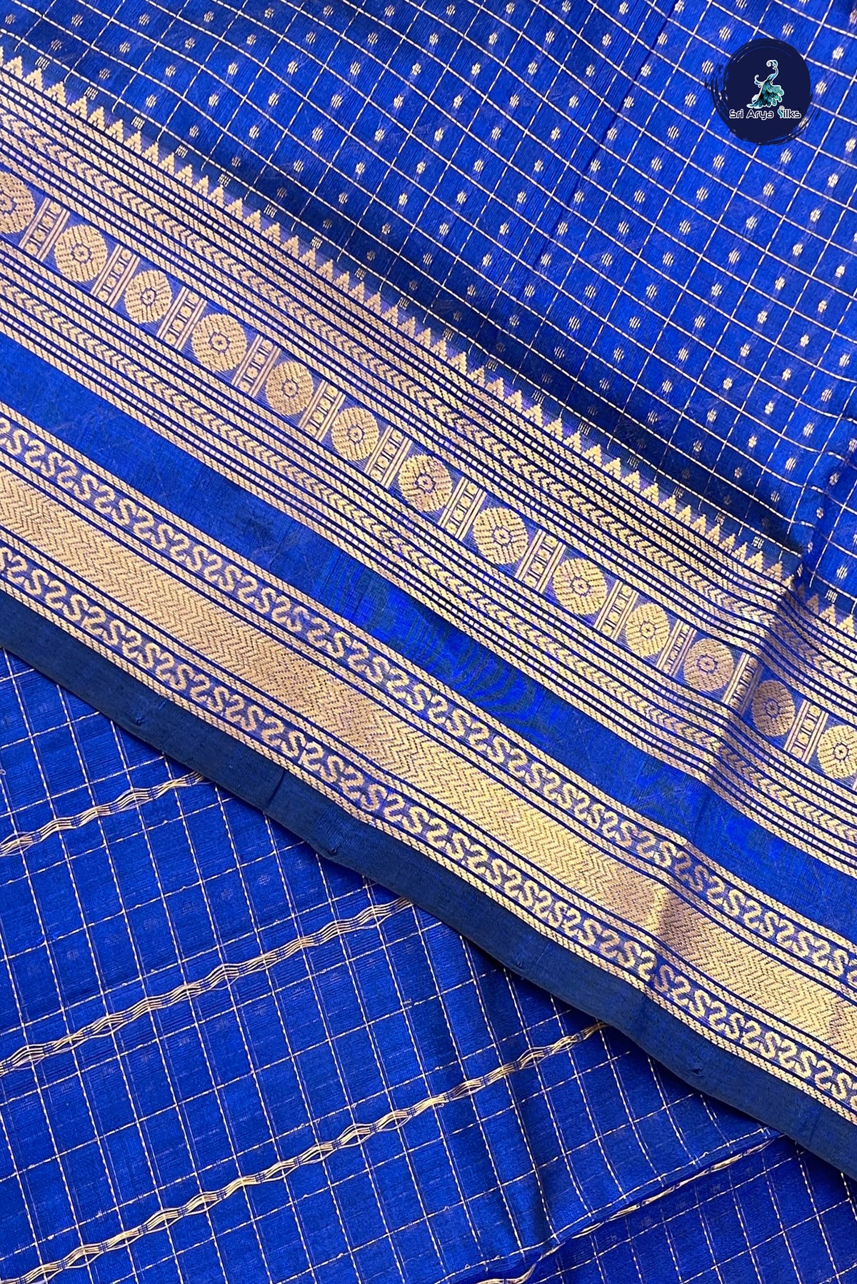 Ink Blue Bridal Silk Cotton Saree With Zari Checked Pattern
