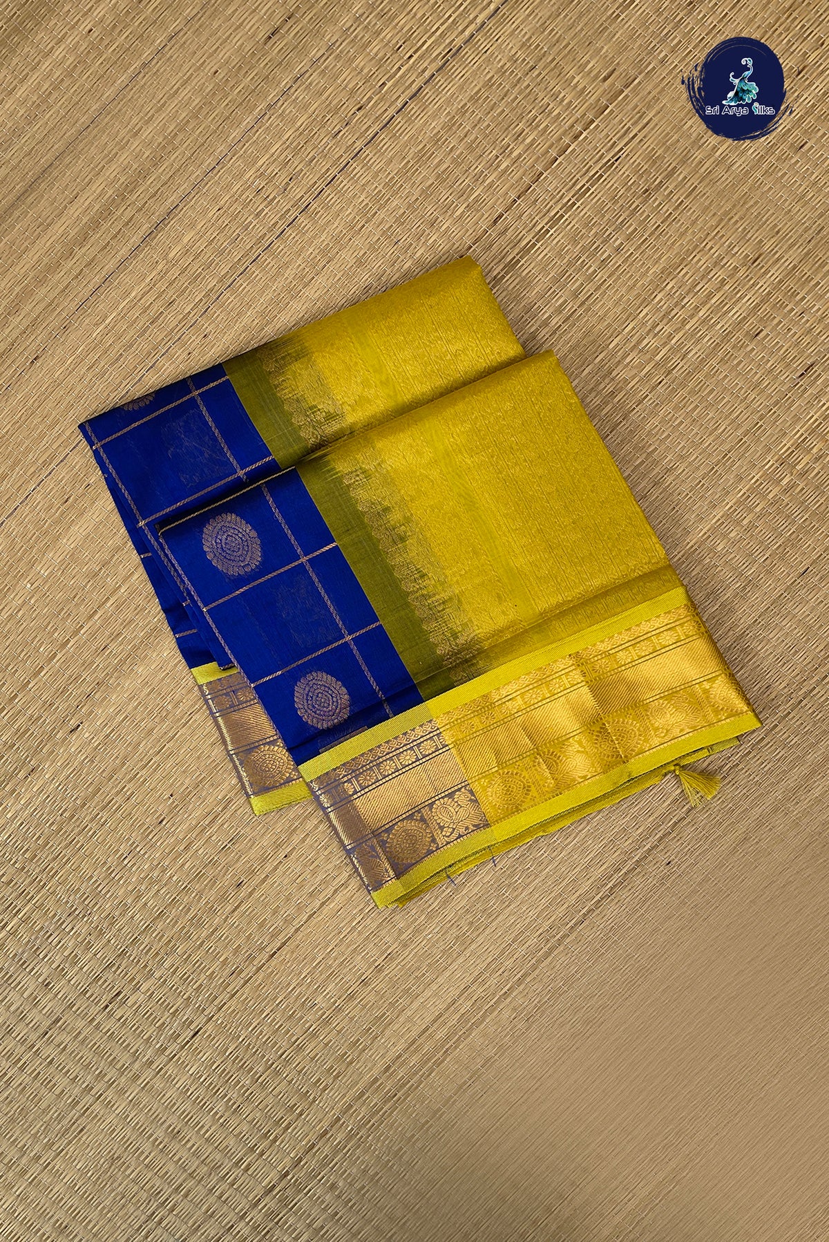 Dark Blue Bridal Silk Cotton Saree With Mayil Chakram Butta Pattern