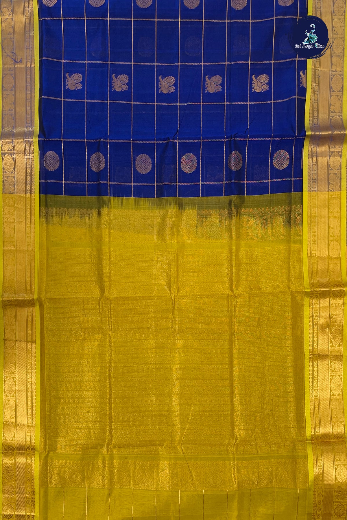 Dark Blue Bridal Silk Cotton Saree With Mayil Chakram Butta Pattern