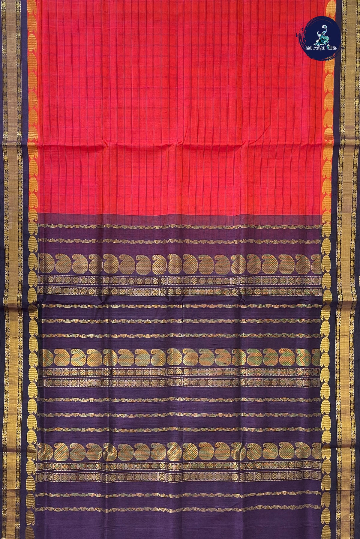 Red Korvai Silk Cotton Saree With Checked Pattern