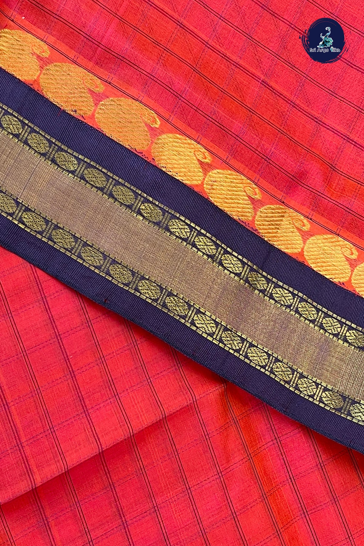 Red Korvai Silk Cotton Saree With Checked Pattern