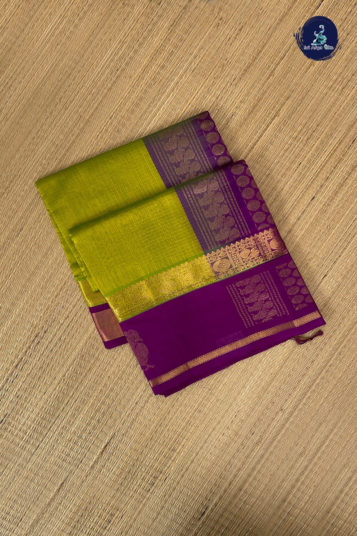Lime Green Korvai Silk Cotton Saree With Zari Checked Pattern