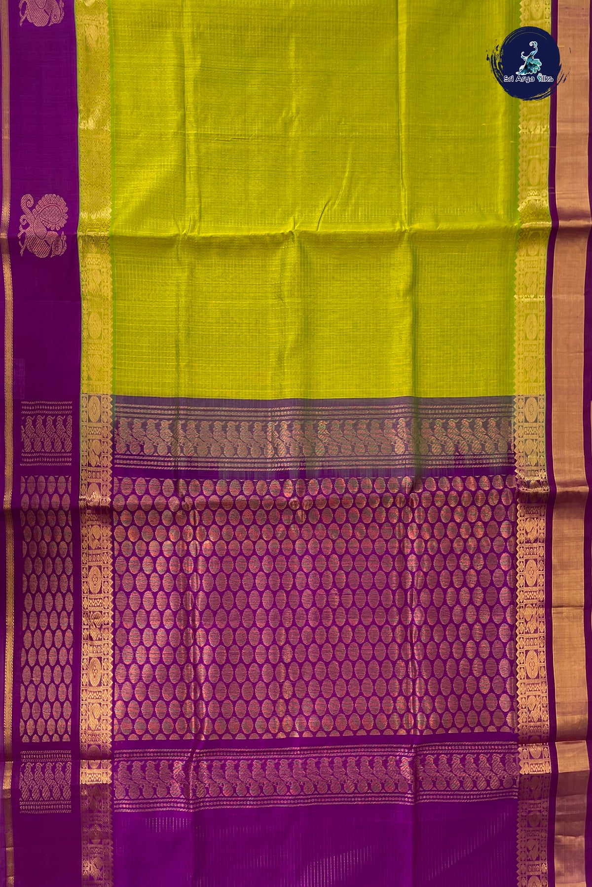 Lime Green Korvai Silk Cotton Saree With Zari Checked Pattern