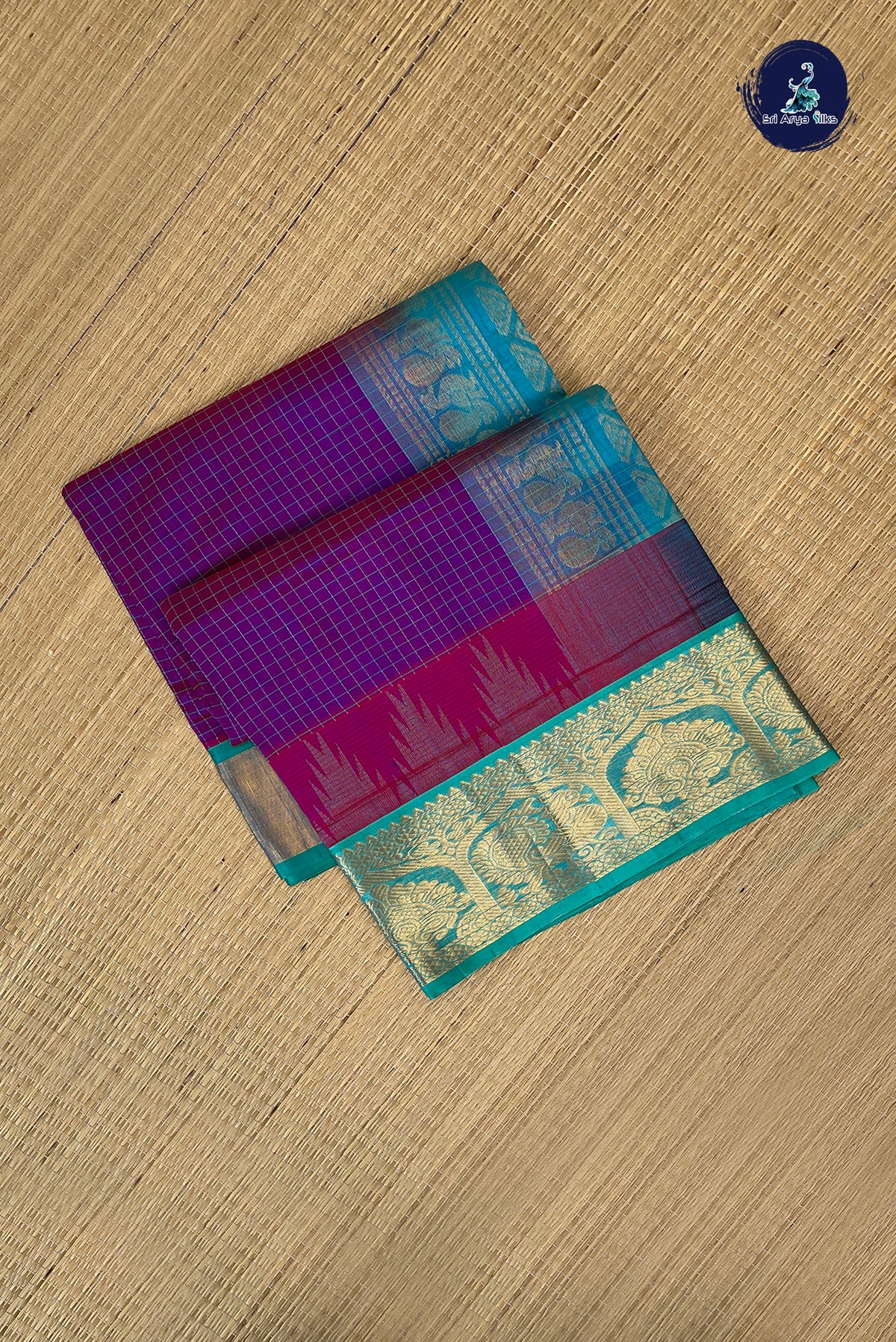 Dual Tone Purple Korvai Silk Cotton Saree With Checked Pattern
