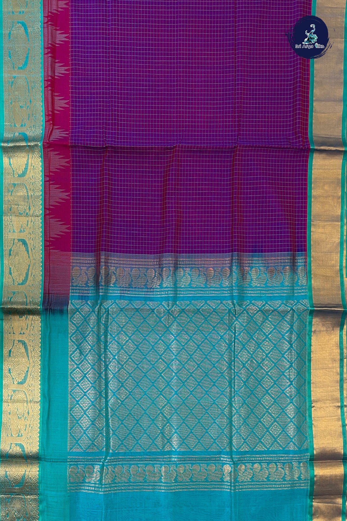 Dual Tone Purple Korvai Silk Cotton Saree With Checked Pattern