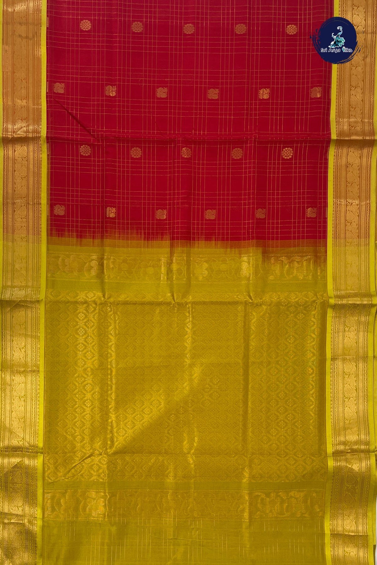 Red Bridal Silk Cotton Saree With Zari Checked Pattern