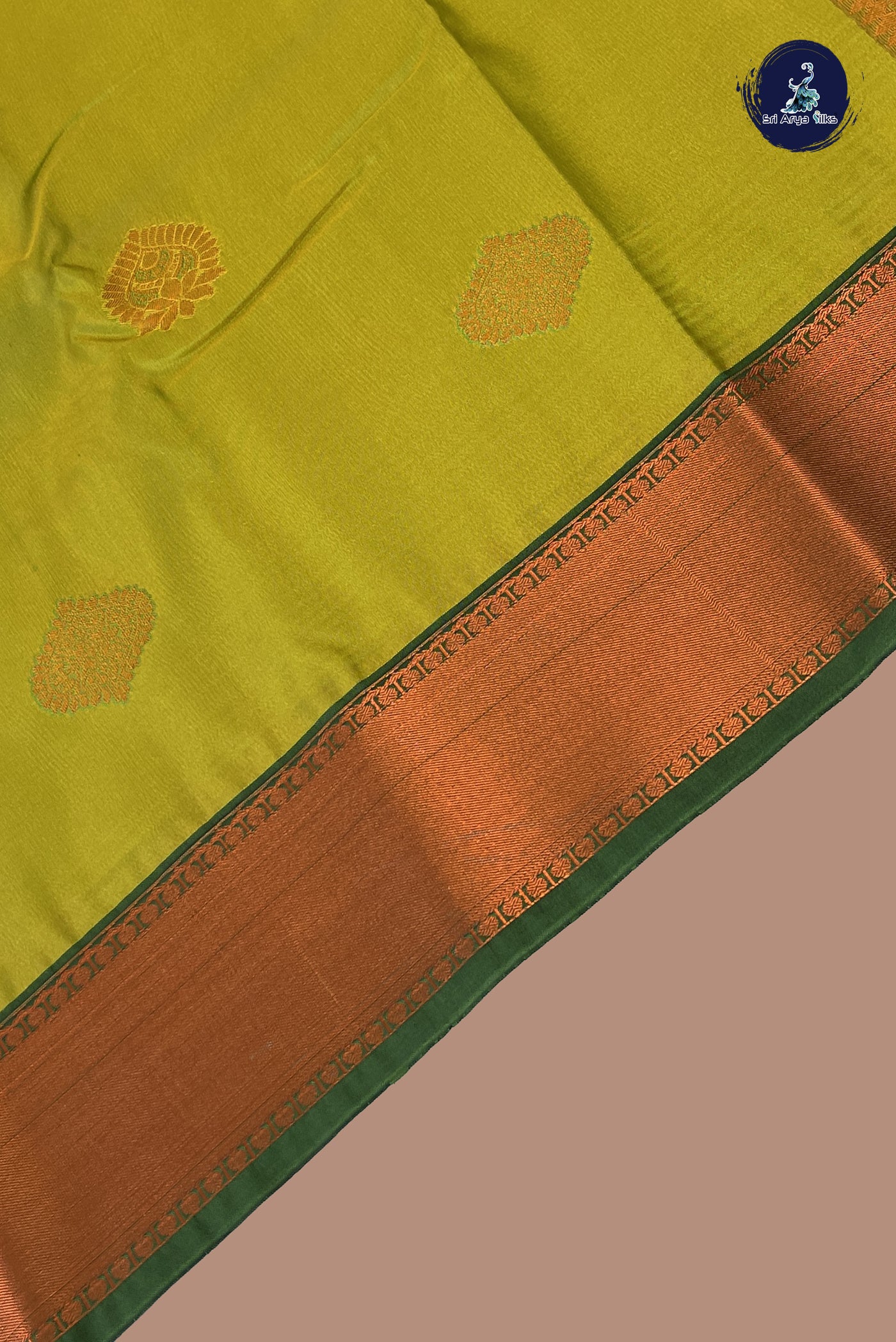 Lime Green Semi Silk Saree With Copper Zari Buttas Pattern
