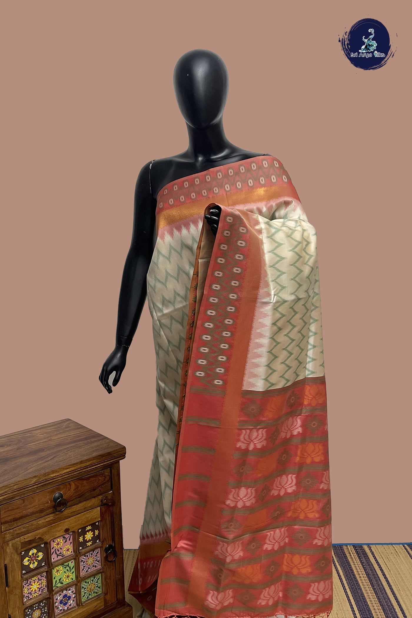 Fawn Pochampally Saree With Ikat Pattern