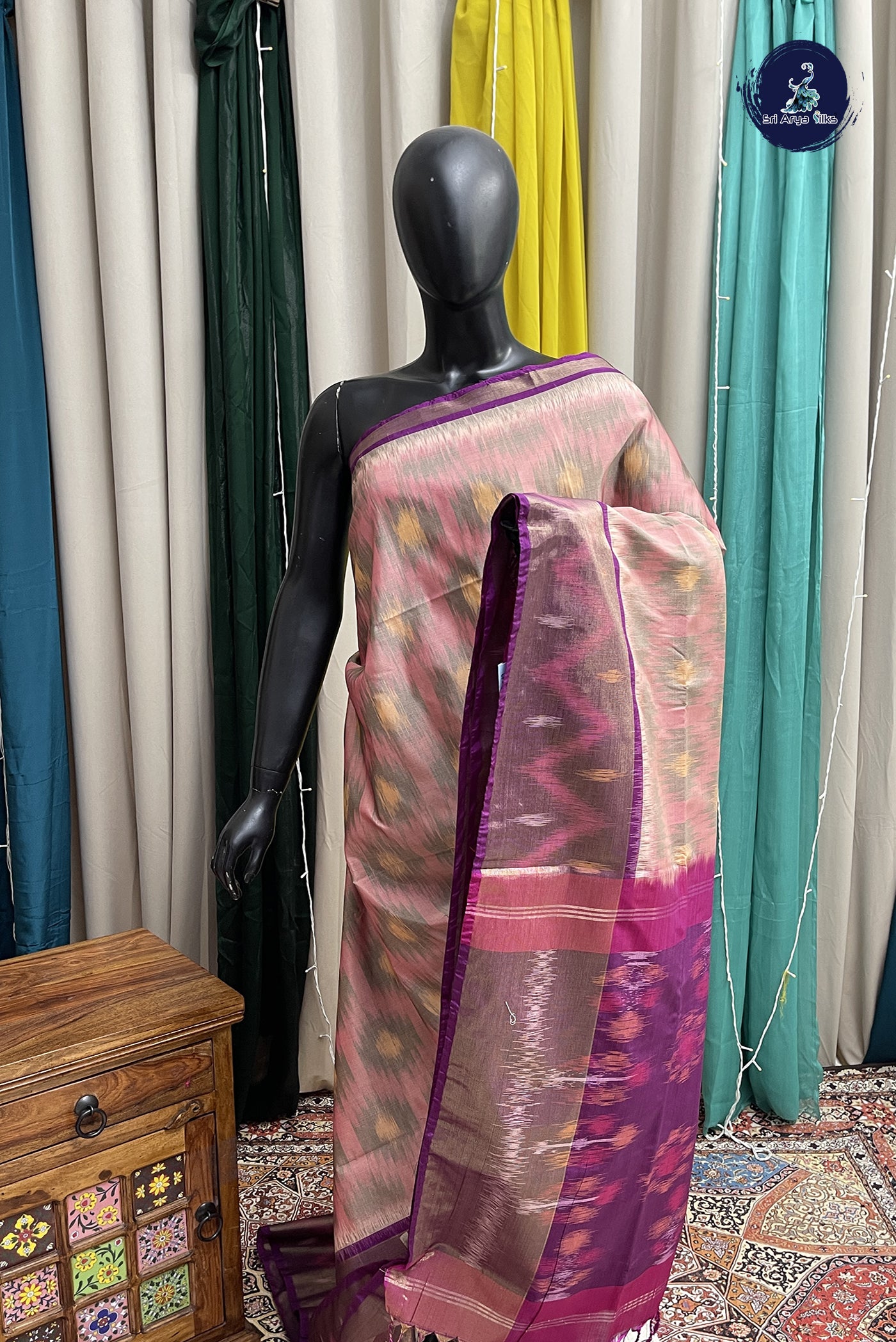 Light Pink Semi Soft Silk Saree With Ikat Pattern
