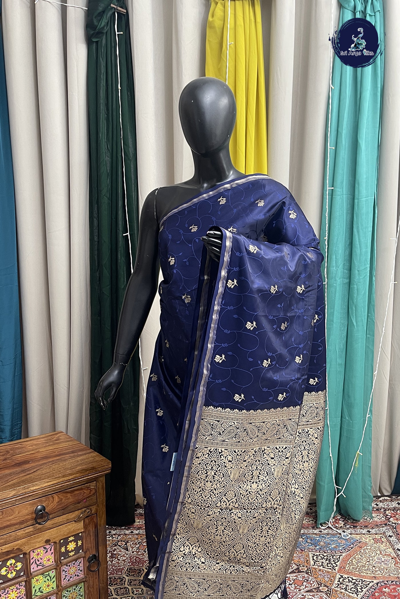 Navy Blue Semi Silk Saree With Embossed Pattern