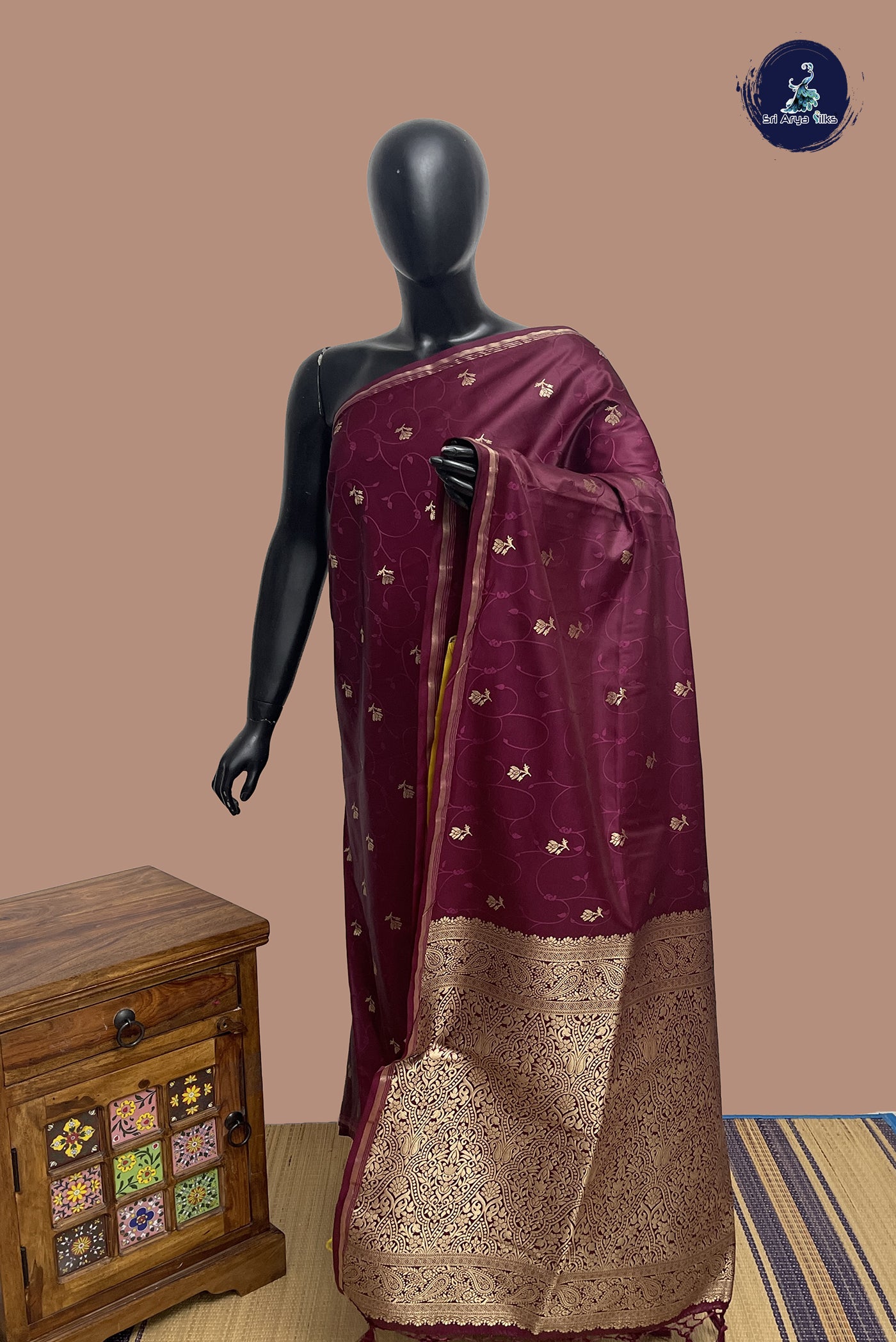 Burgundy Semi Silk Saree With Embossed Pattern