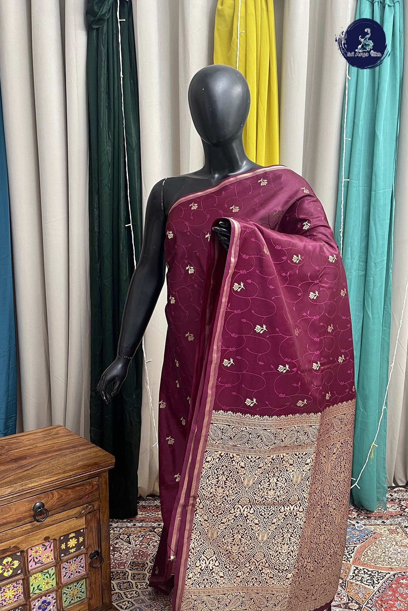 Burgundy Semi Silk Saree With Embossed Pattern