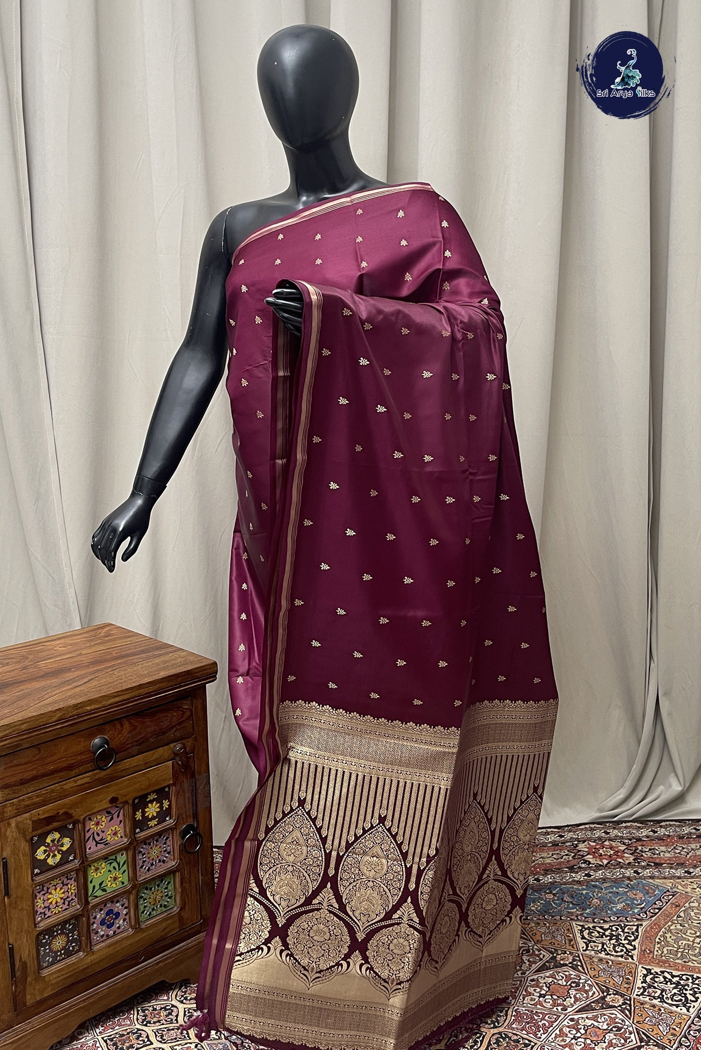 Dark Plum Semi Silk Saree With Zari Buttas Pattern