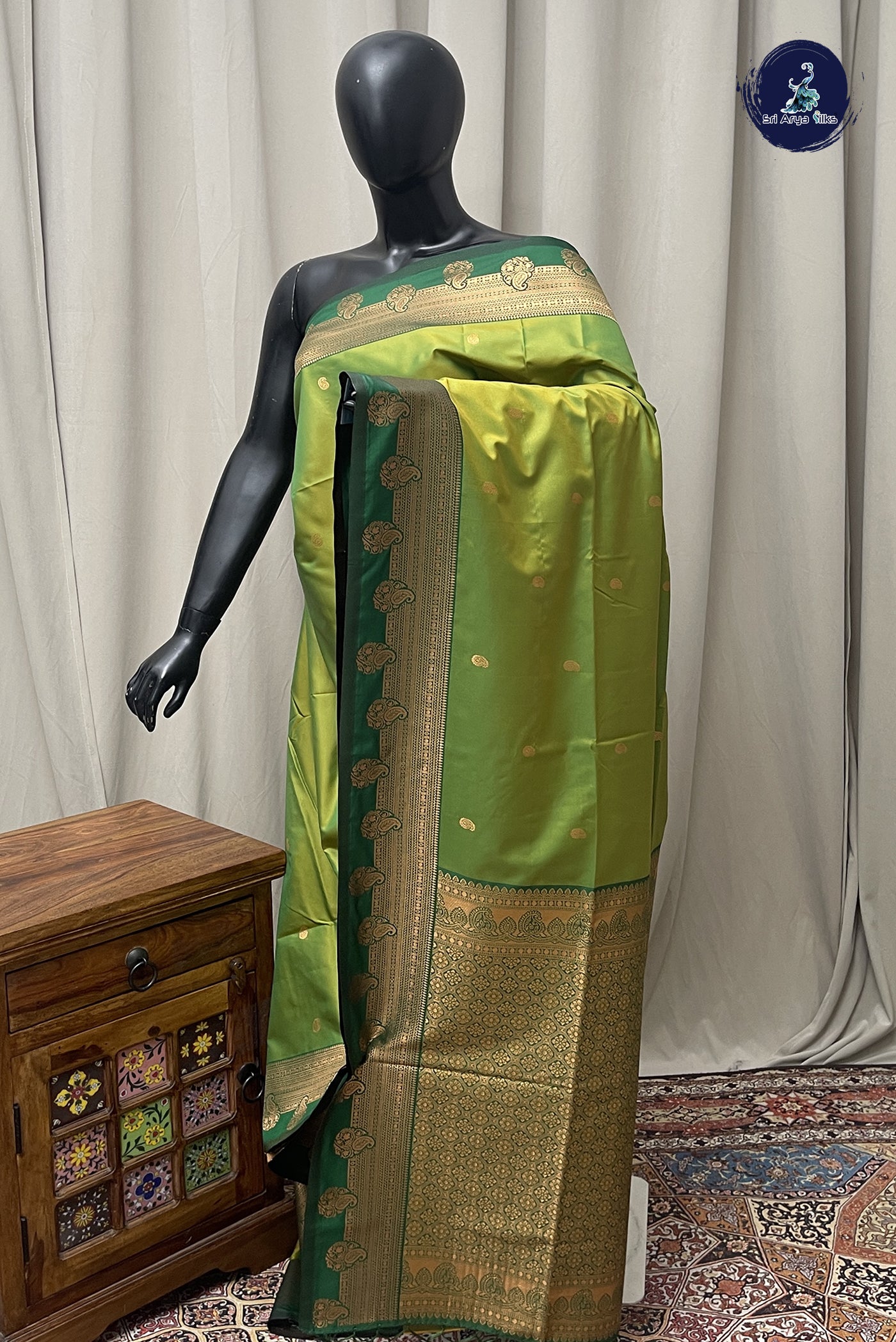 Lime Green Semi Silk Saree With Zari Buttas Pattern