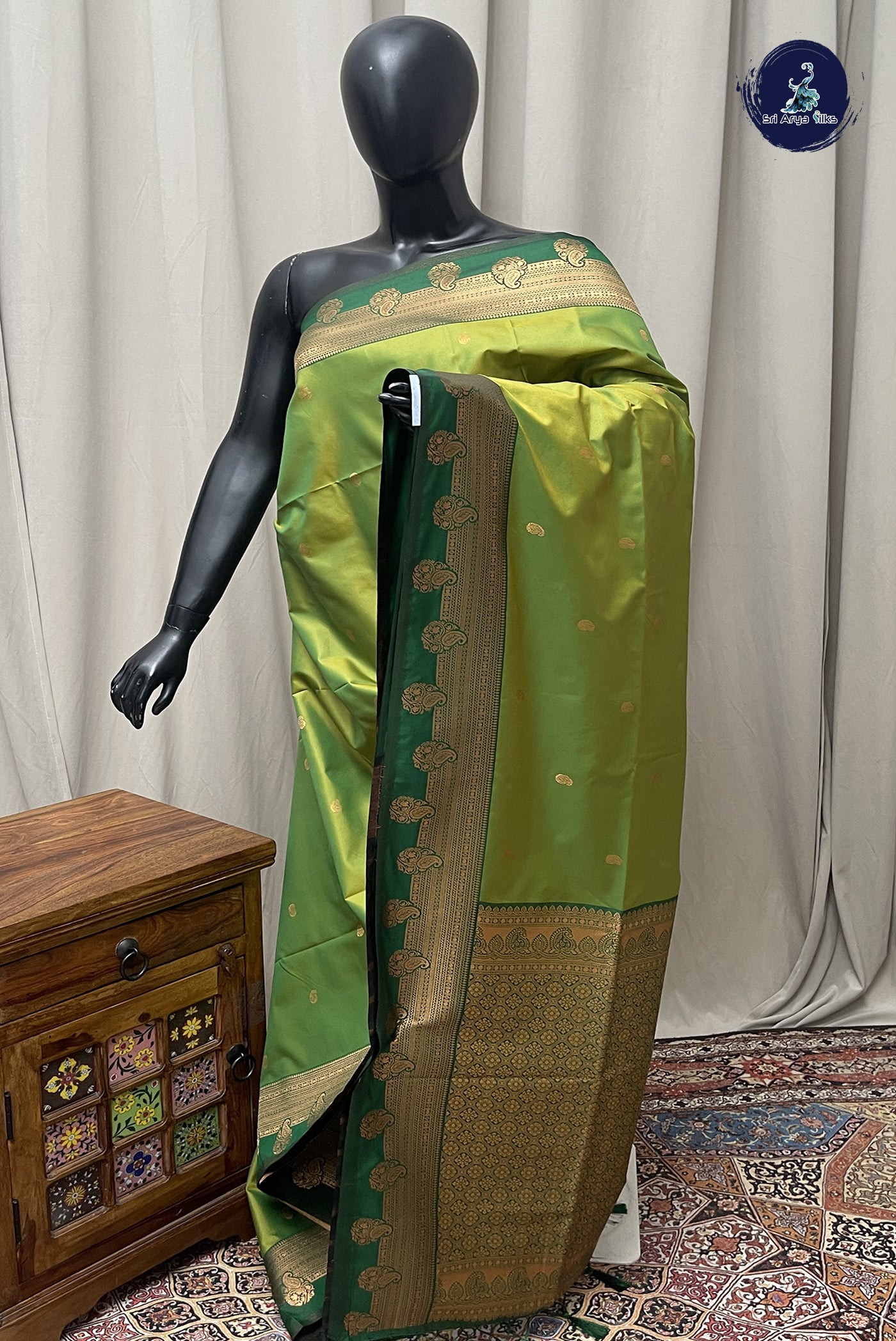Lime Green Semi Silk Saree With Zari Buttas Pattern
