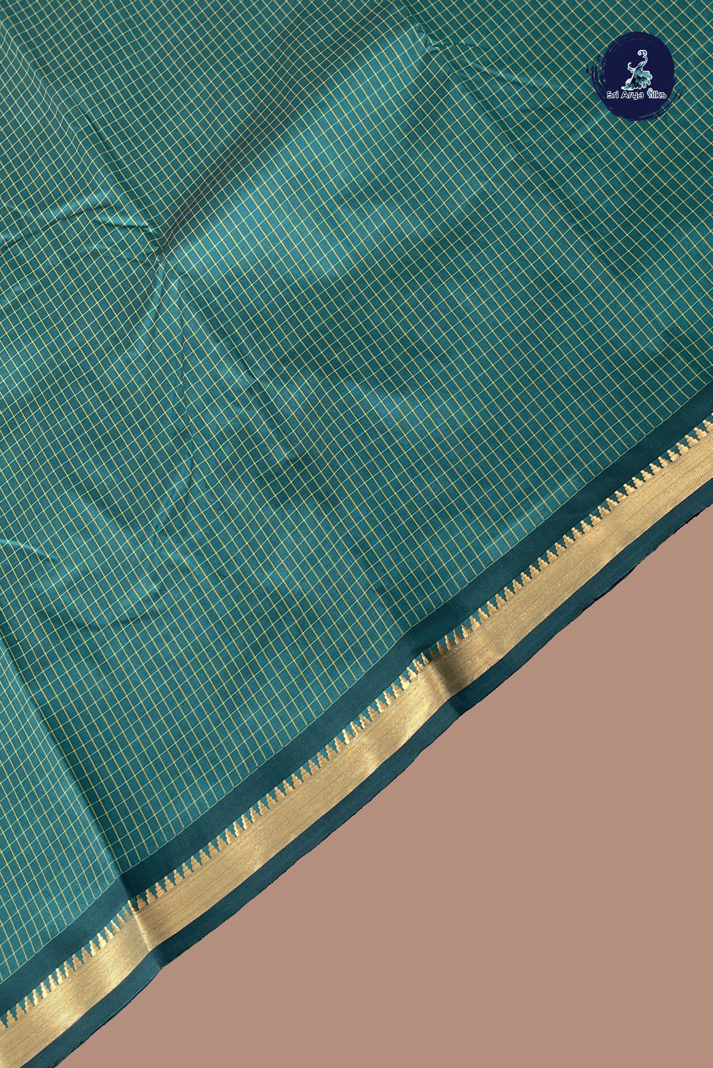 Sapphire Green Semi Silk Saree With Checked Pattern