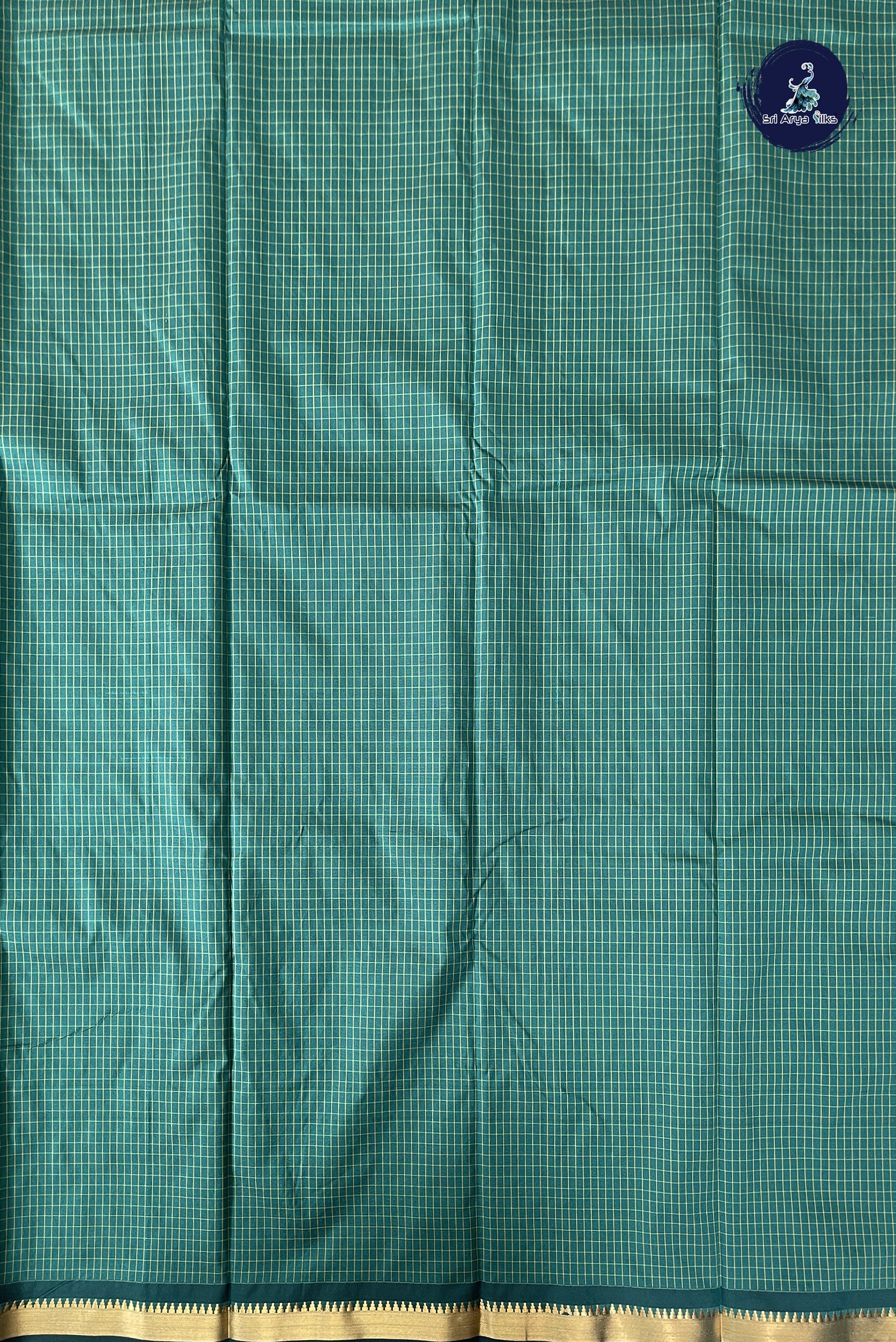 Sapphire Green Semi Silk Saree With Checked Pattern