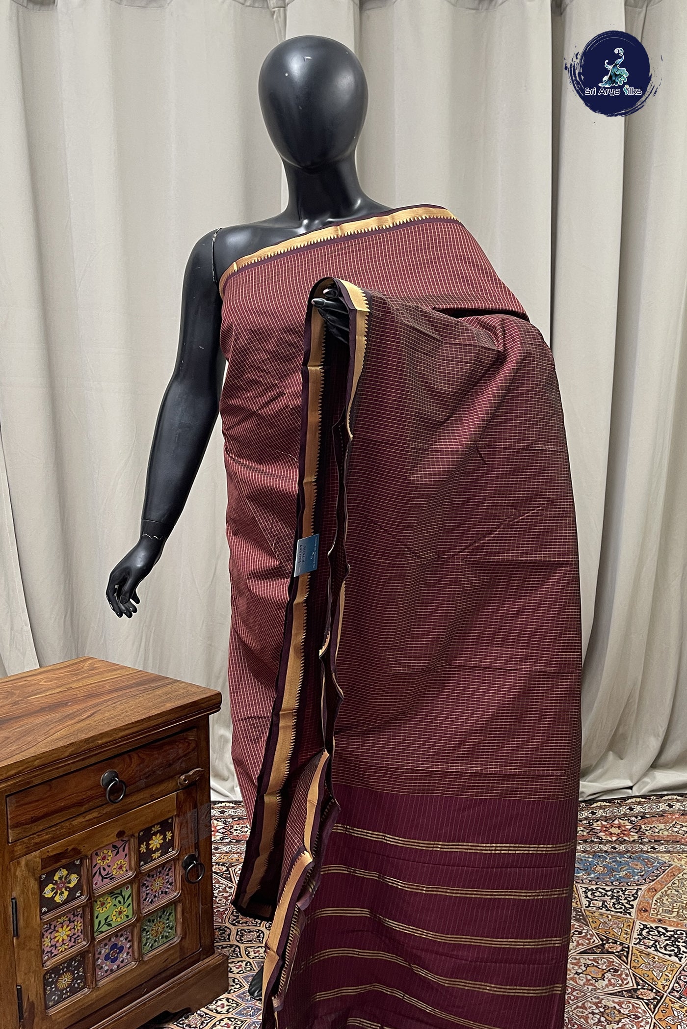 Coffee Brown Semi Silk Saree With Checked Pattern